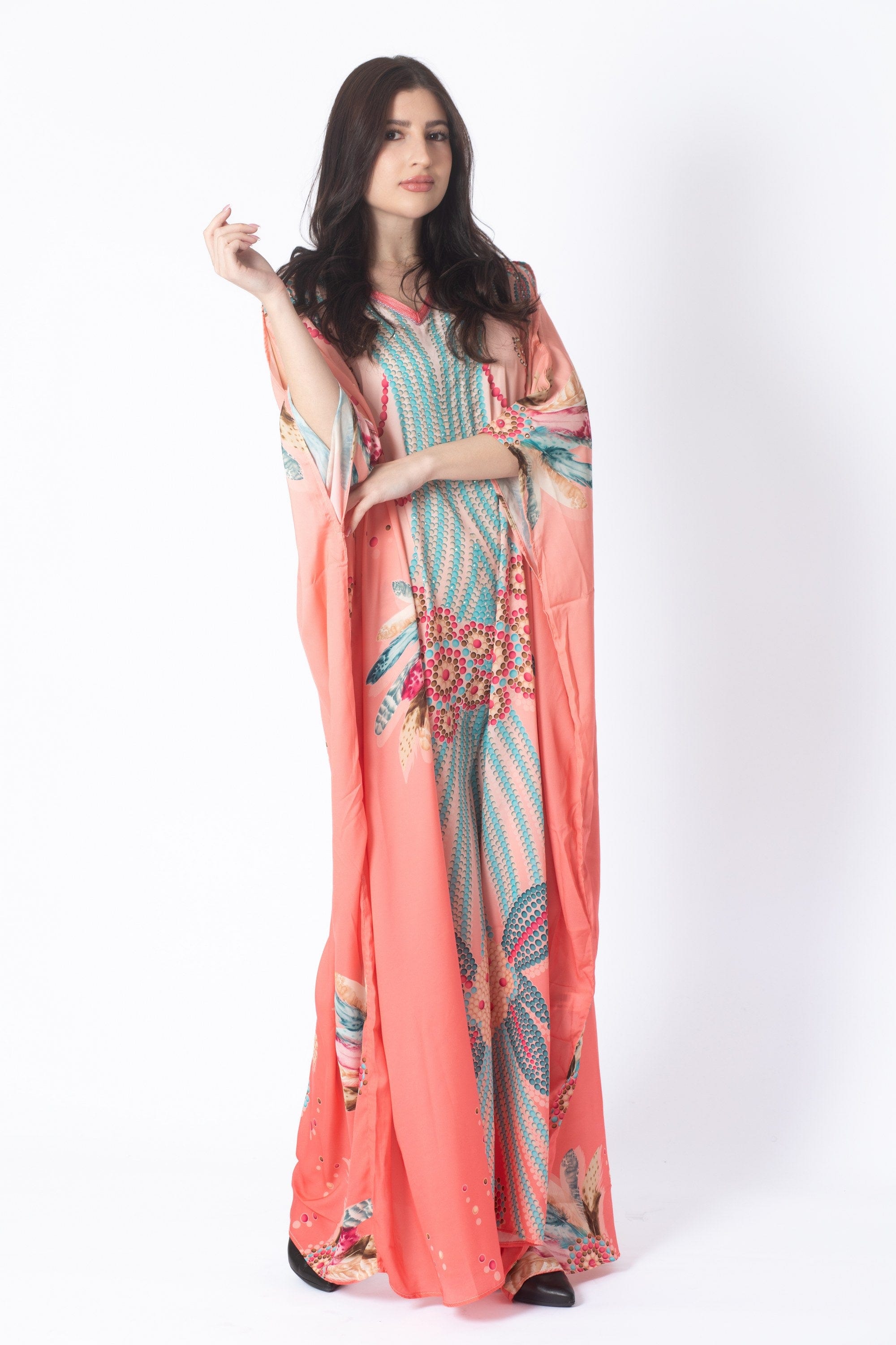 ديامانتين غندورة منقوشة واسعة طويلة كم 3/4 نسائي مرجاني