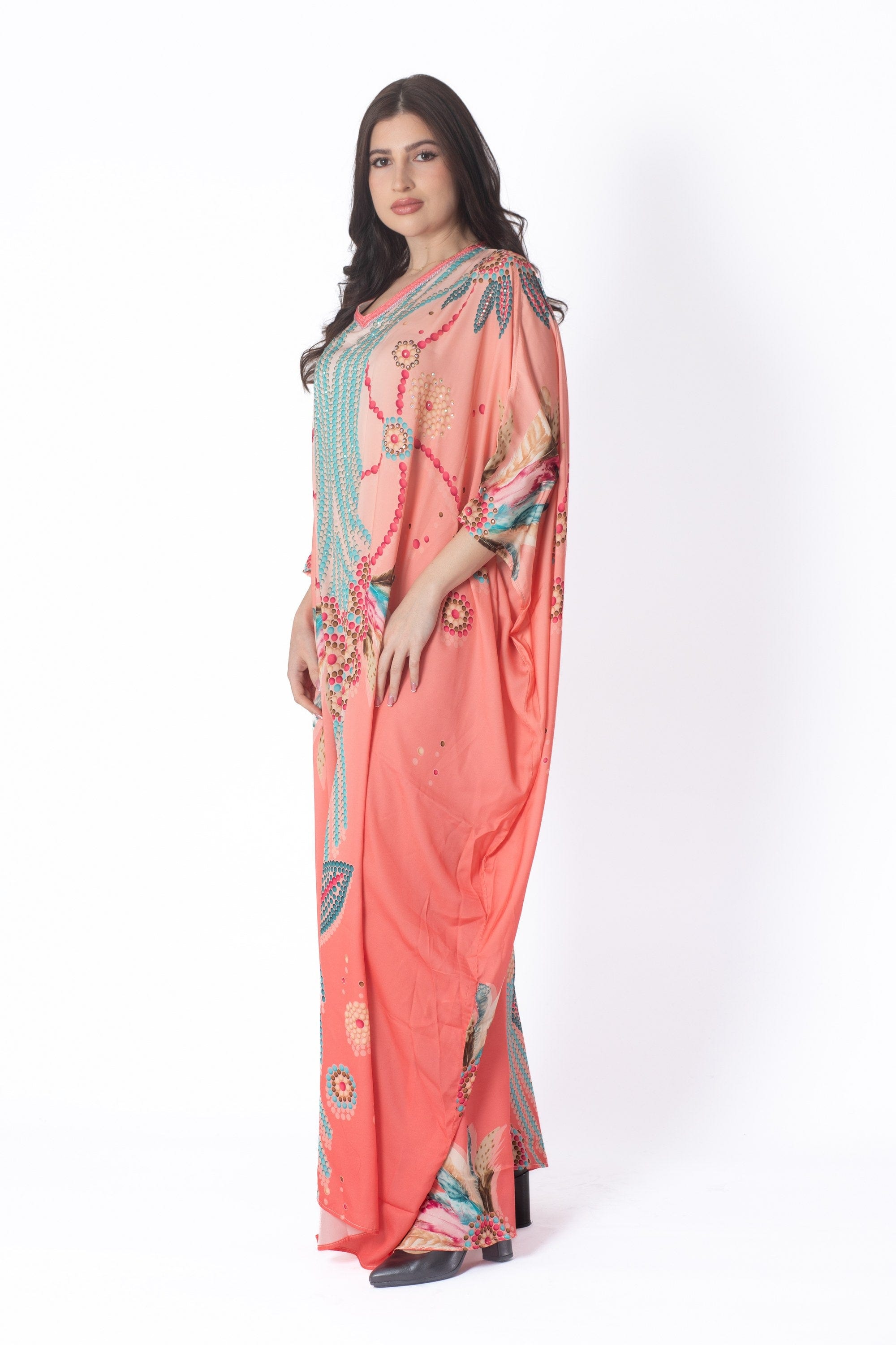 ديامانتين غندورة منقوشة واسعة طويلة كم 3/4 نسائي مرجاني