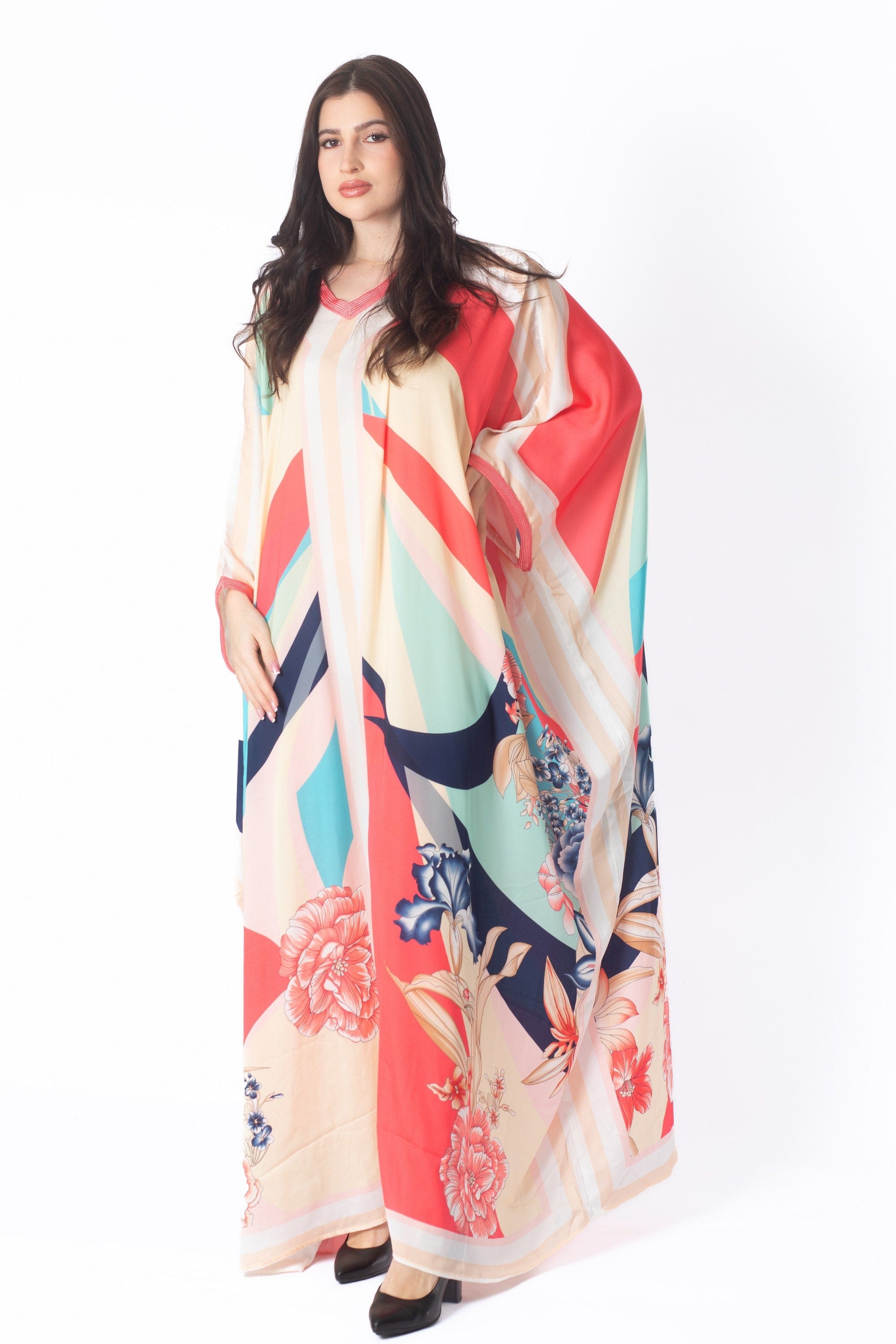 ديامانتين غندورة ملونة طويلة واسعة بأكمام طويلة مرجاني