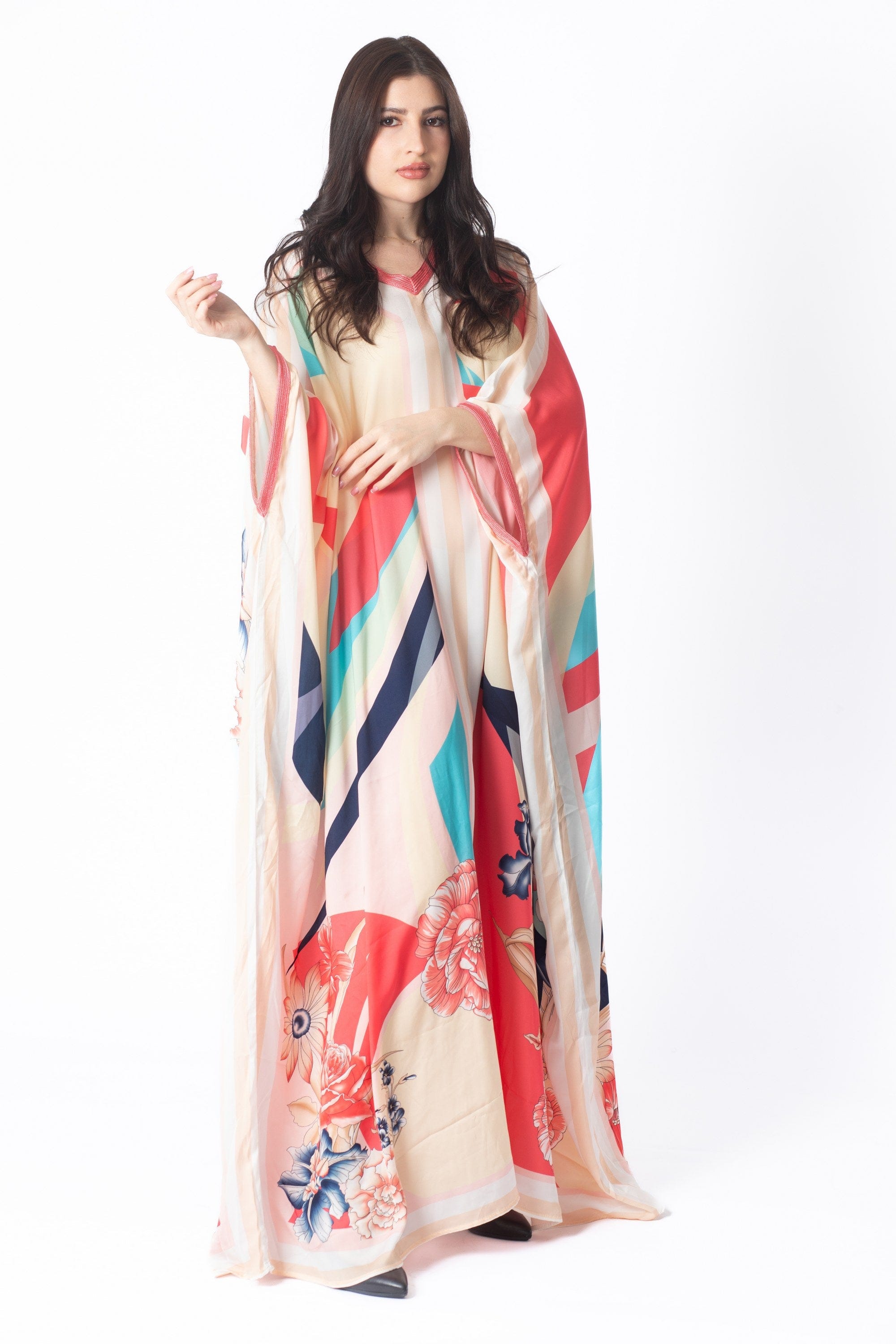 ديامانتين غندورة ملونة طويلة واسعة بأكمام طويلة مرجاني