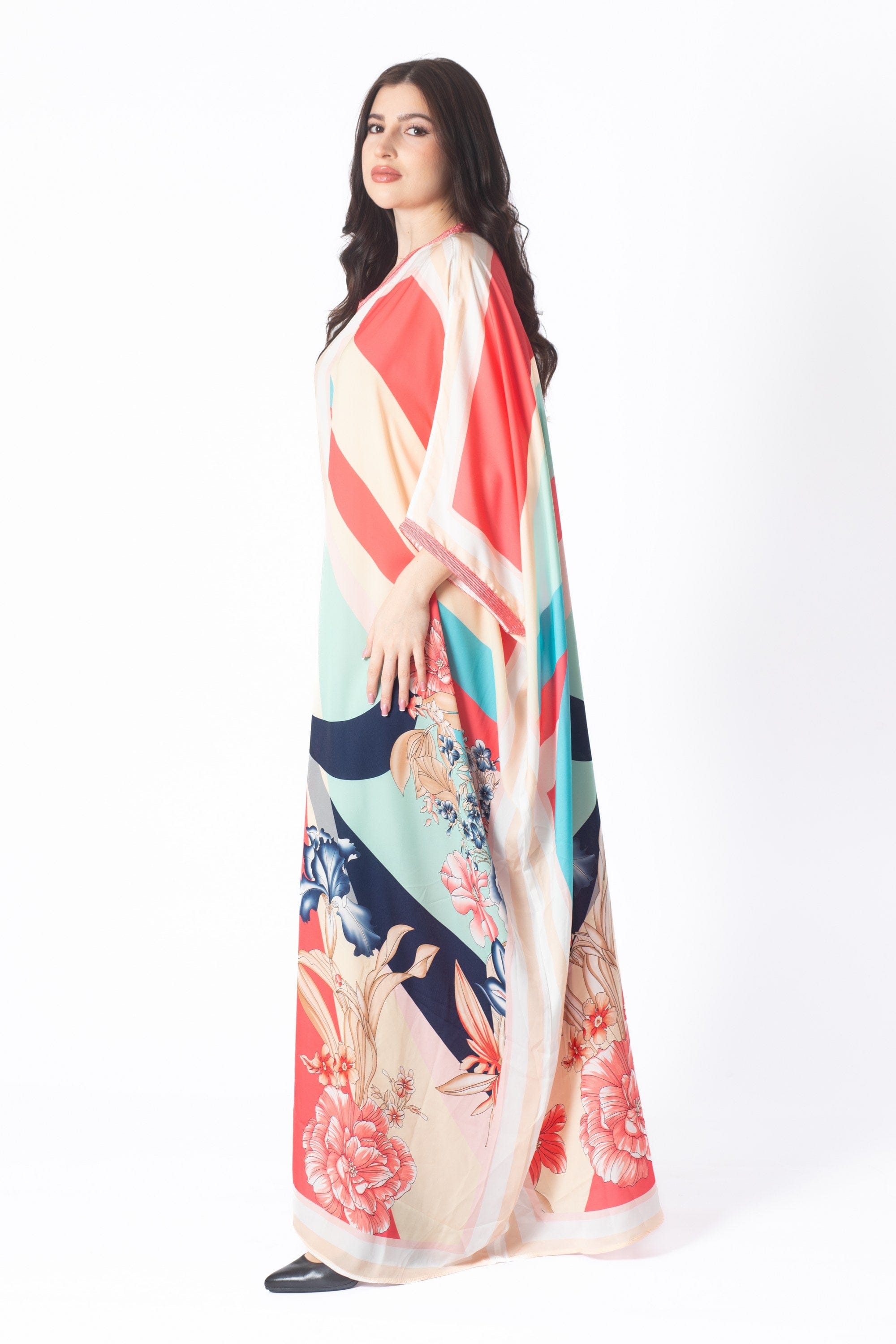 ديامانتين غندورة ملونة طويلة واسعة بأكمام طويلة مرجاني