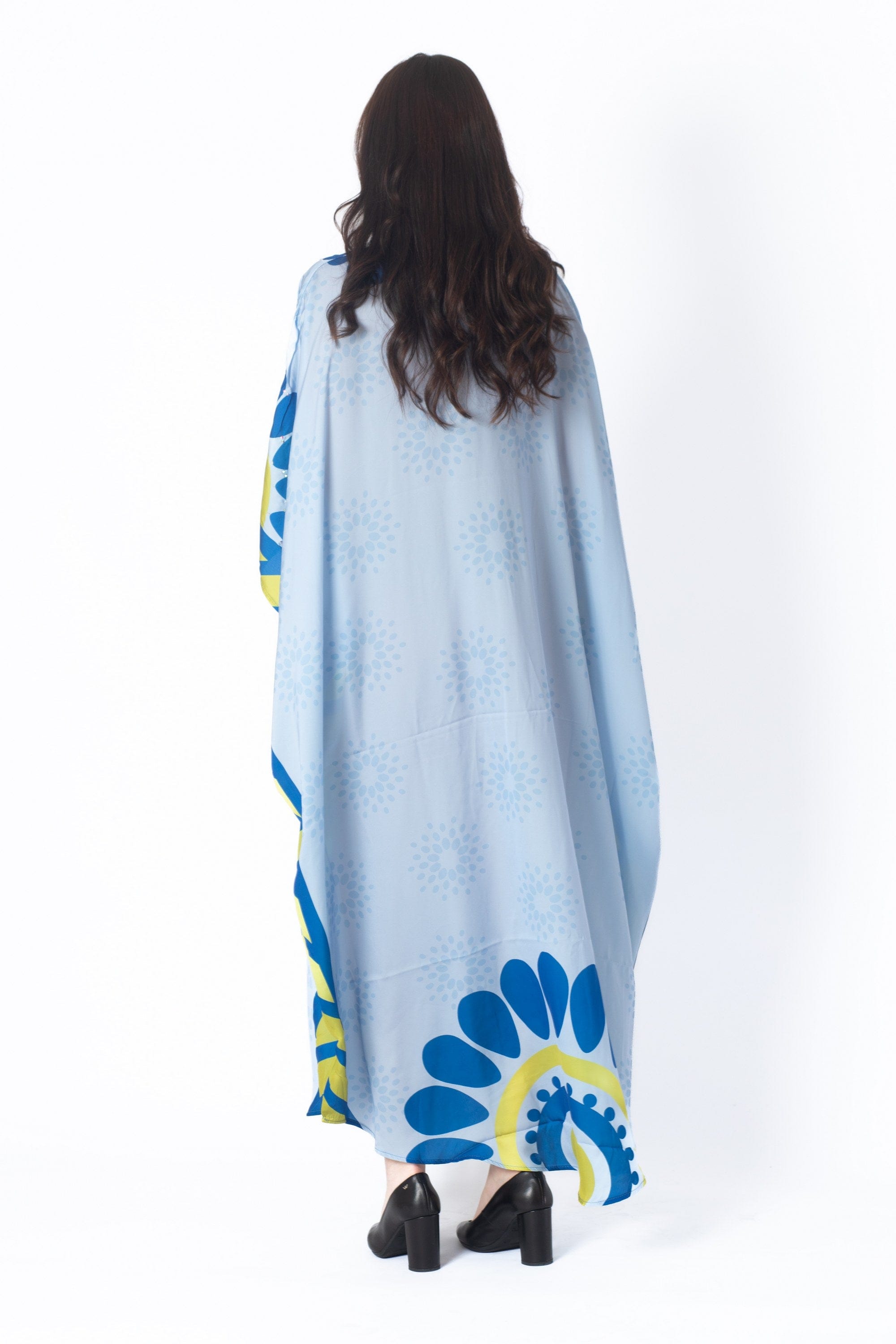 ديامانتين غندورة منقوشة واسعة كم واسع 3/4 نسائي أزرق