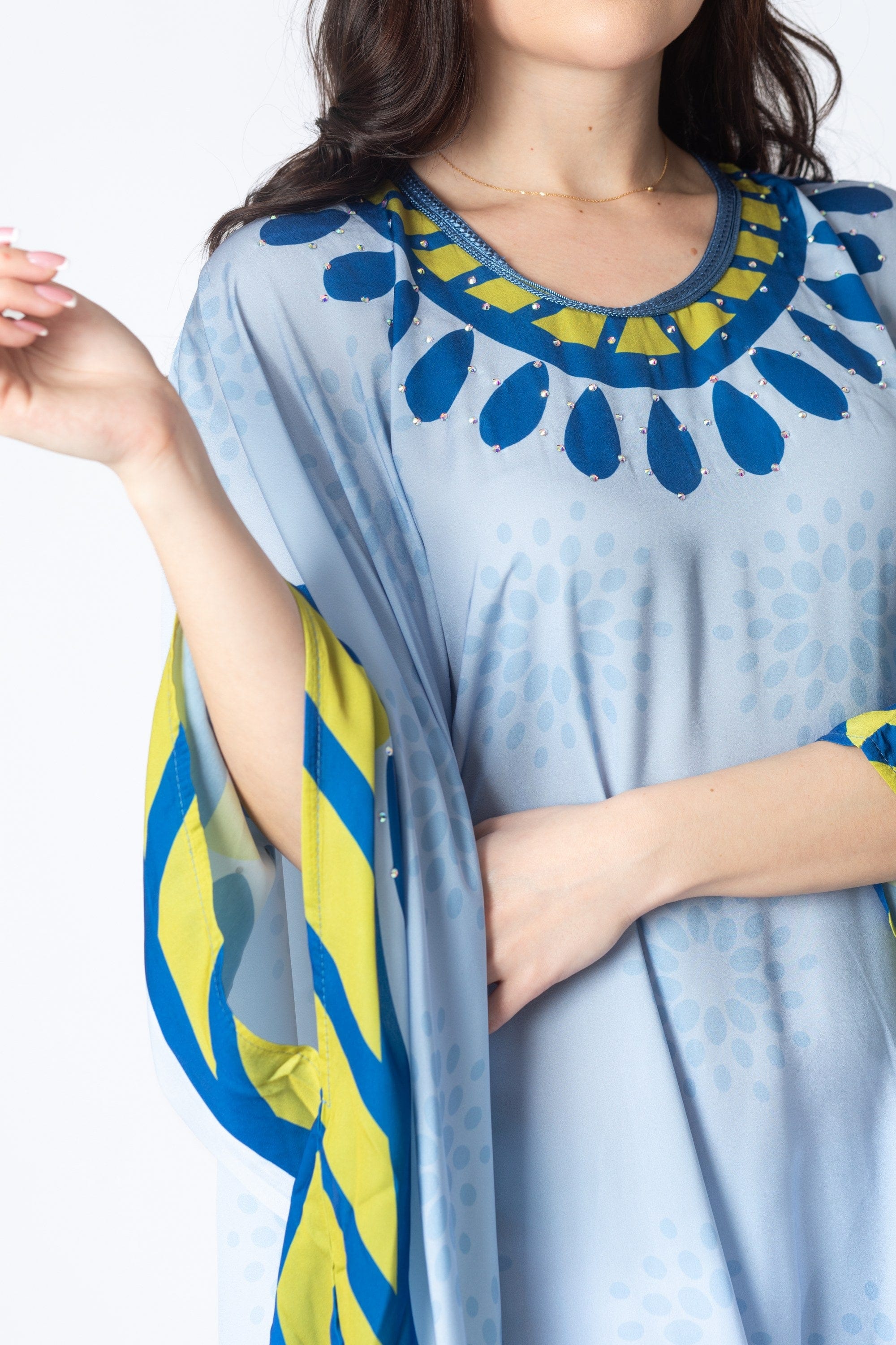 ديامانتين غندورة منقوشة واسعة كم واسع 3/4 نسائي أزرق