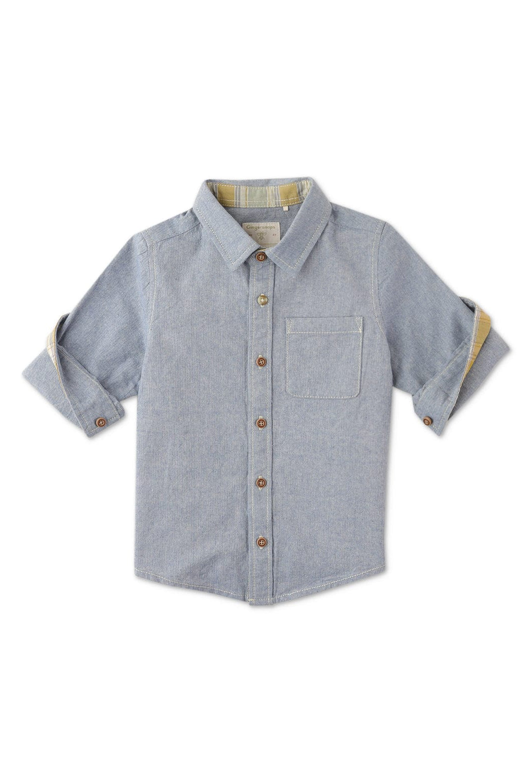 جينجرسنابس قميص بولو سادة بأزرار أمامية كم طويل ولادي أزرق