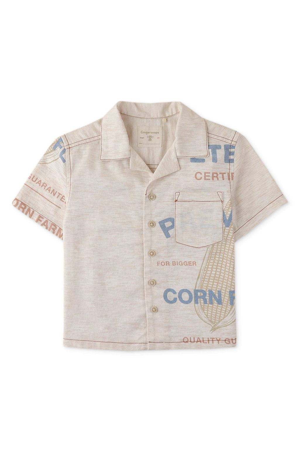 جينجرسنابس قميص بأزرار أمامية منقوش نص كم ولادي أبيض