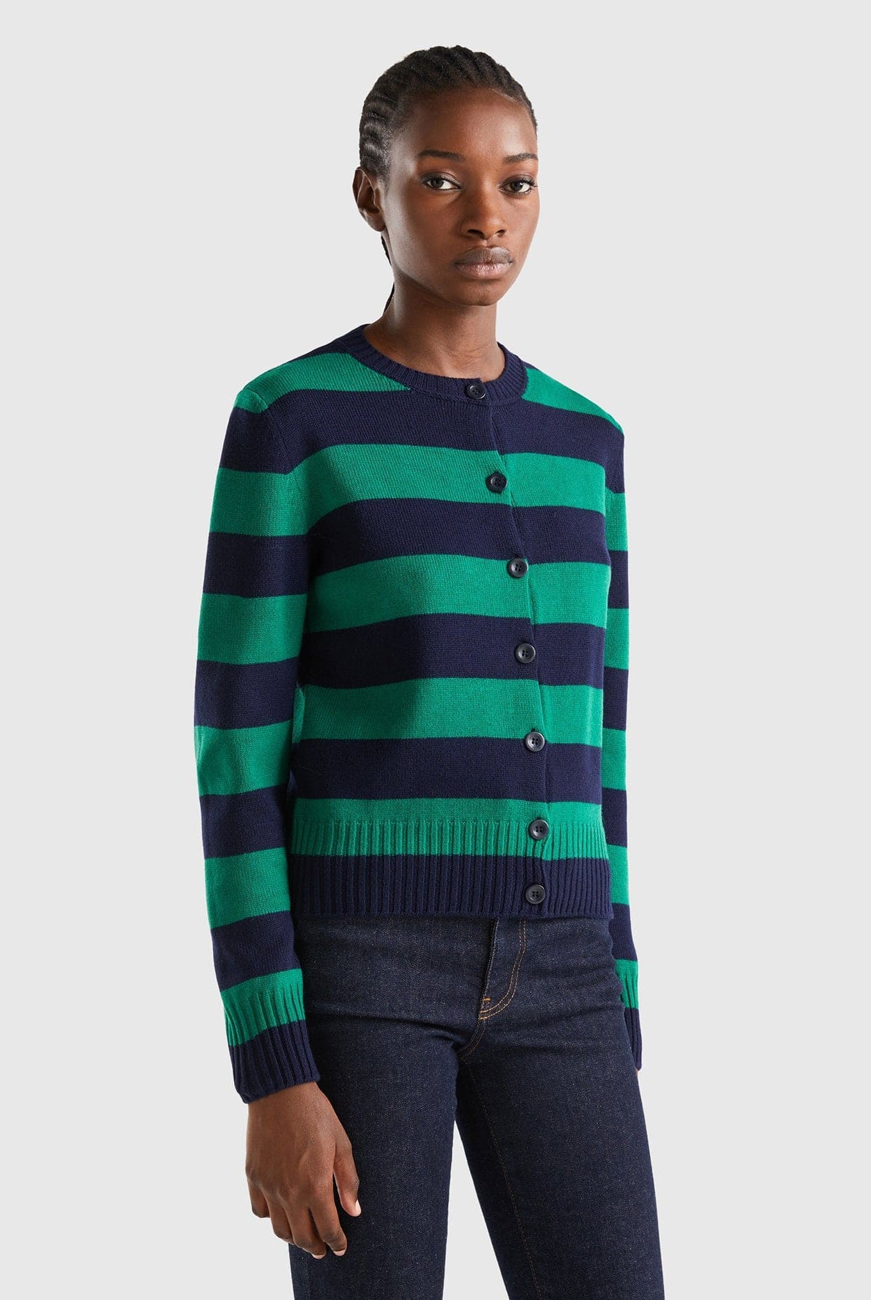 يونايتد كولورز اوف بينيتون بلوفر مخطط بالعرض كم طويل بأزرار أمامية رجالي