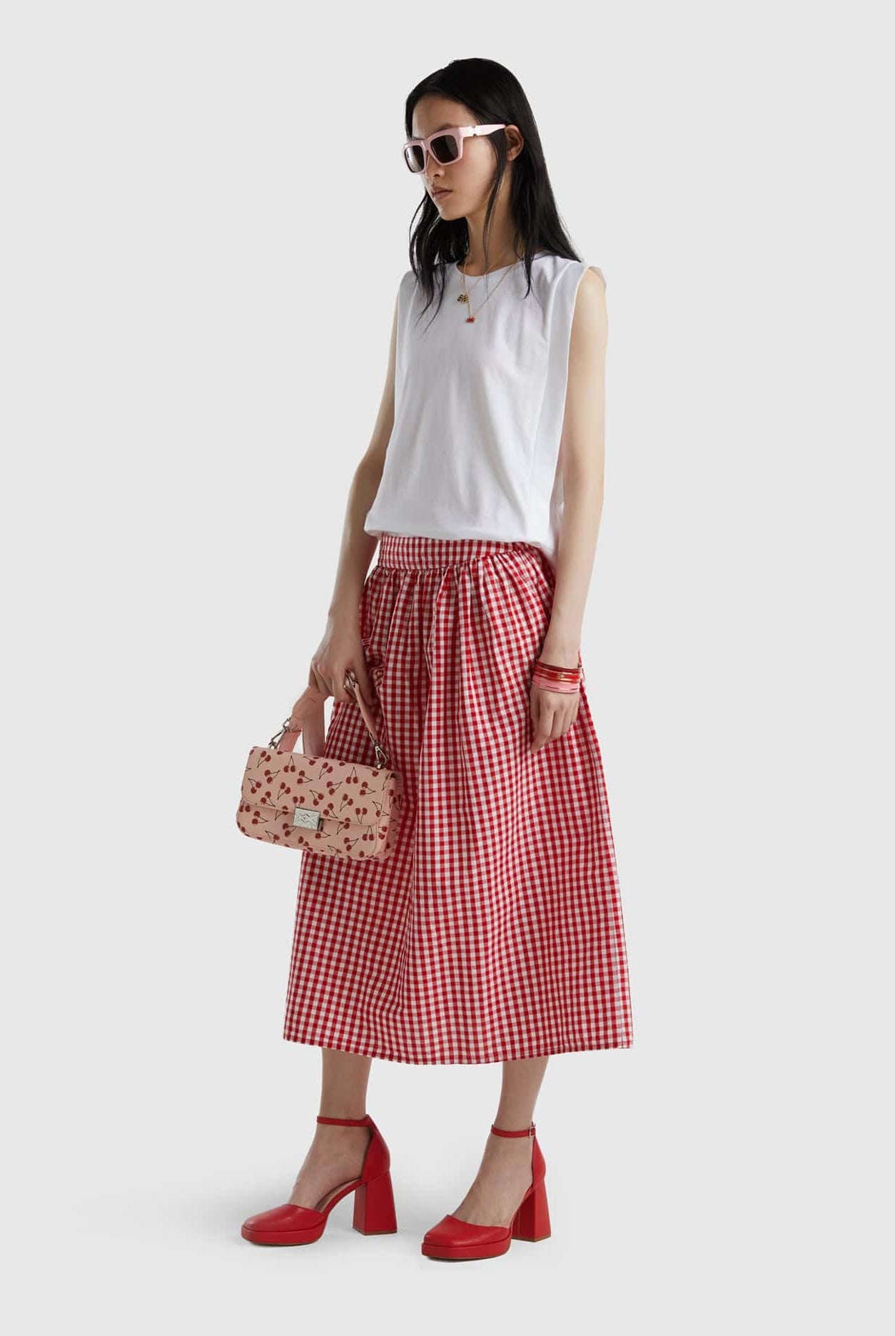 يونايتد كولورز اوف بينيتون تنورة فيشي من خليط الكتان مربعات نسائي