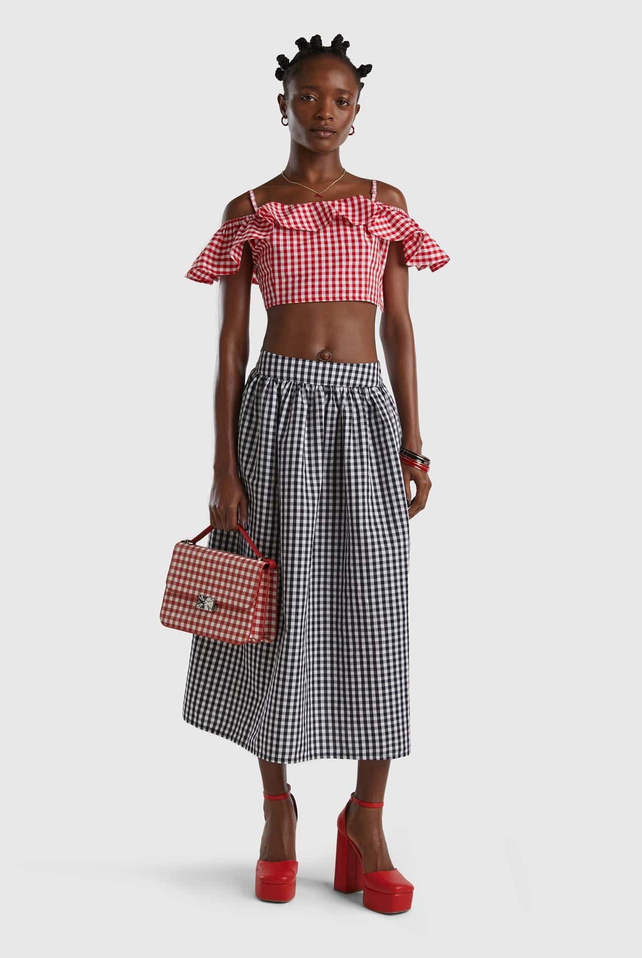 يونايتد كولورز اوف بينيتون تنورة فيشي من خليط الكتان مربعات نسائي