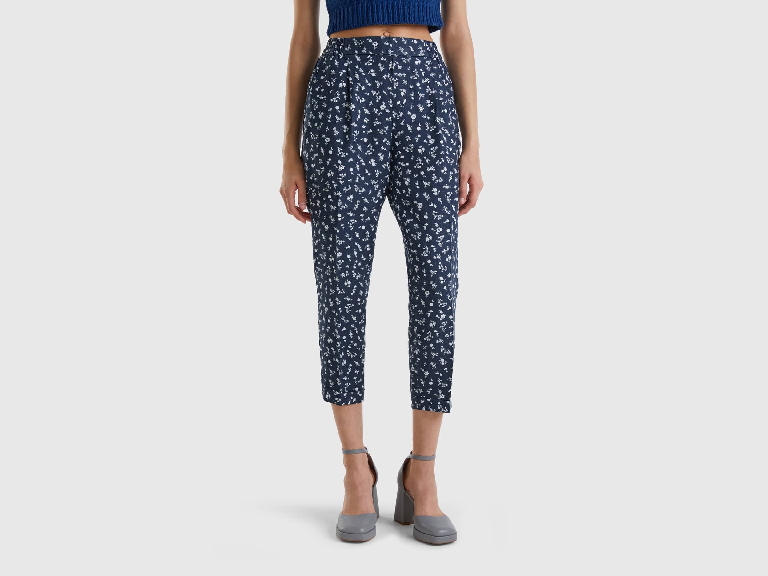 يونايتد كولورز اوف بينيتون بنطلون نسائي منقوش من الكتان الخالص