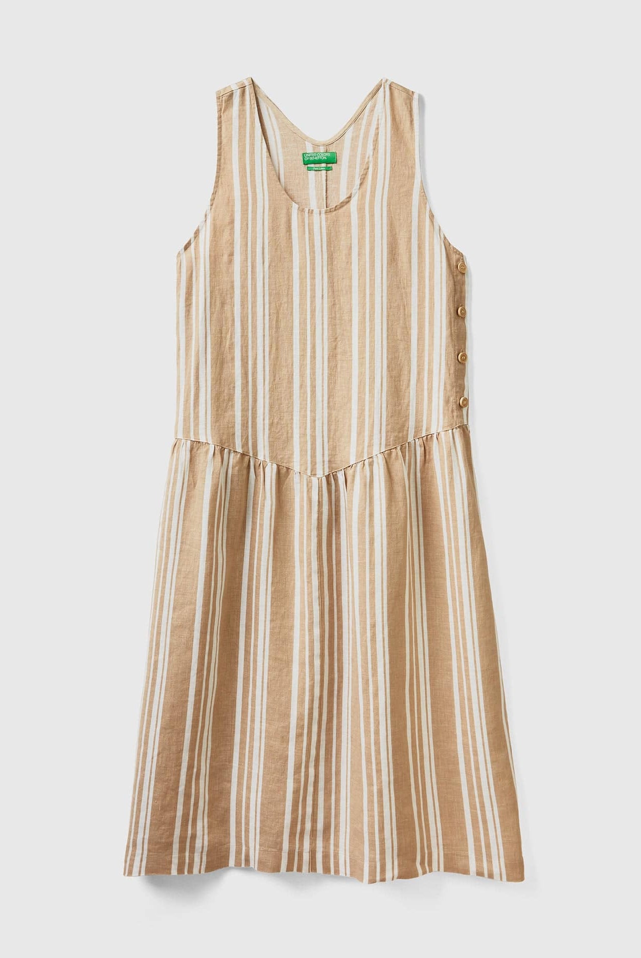 يونايتد كولورز اوف بينيتون فستان قصير نسائي من الكتان المطبوع النقي بخطوط بدون اكمام