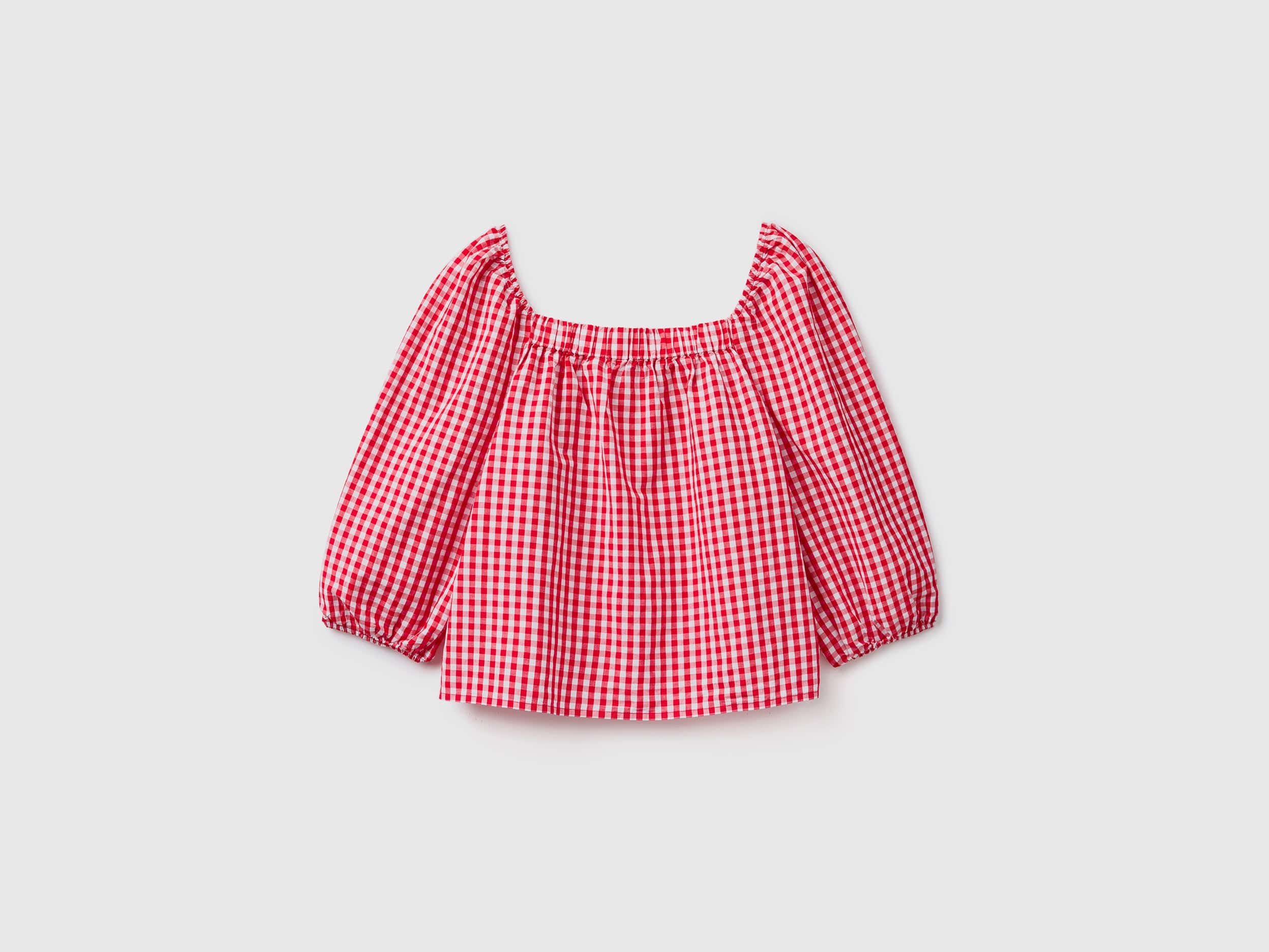 يونايتد كولورز اوف بينيتون بلوزة فيشي كتان مربعات أكمام بف نسائي