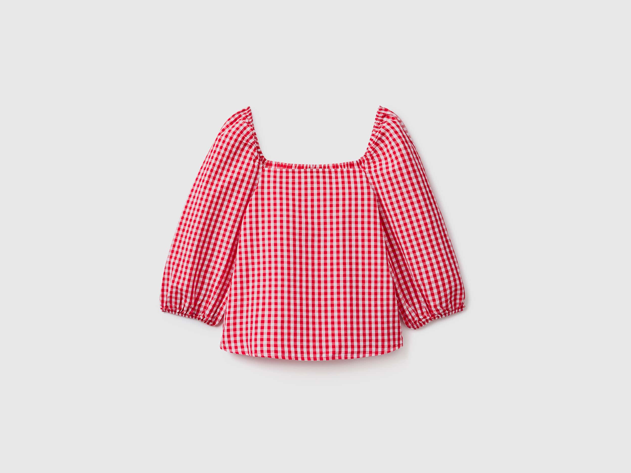 يونايتد كولورز اوف بينيتون بلوزة فيشي كتان مربعات أكمام بف نسائي