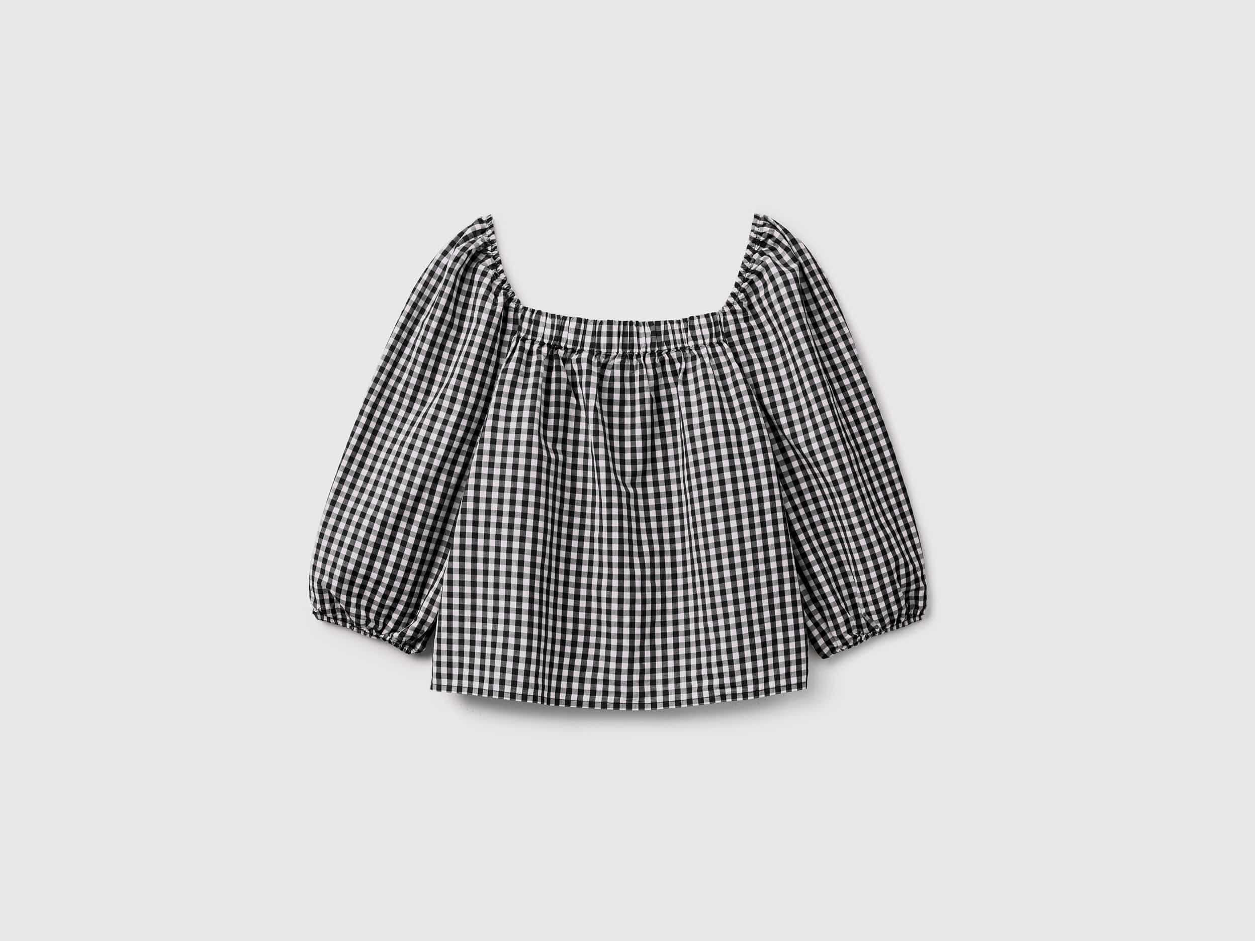 يونايتد كولورز اوف بينيتون بلوزة فيشي كتان مربعات أكمام بف نسائي