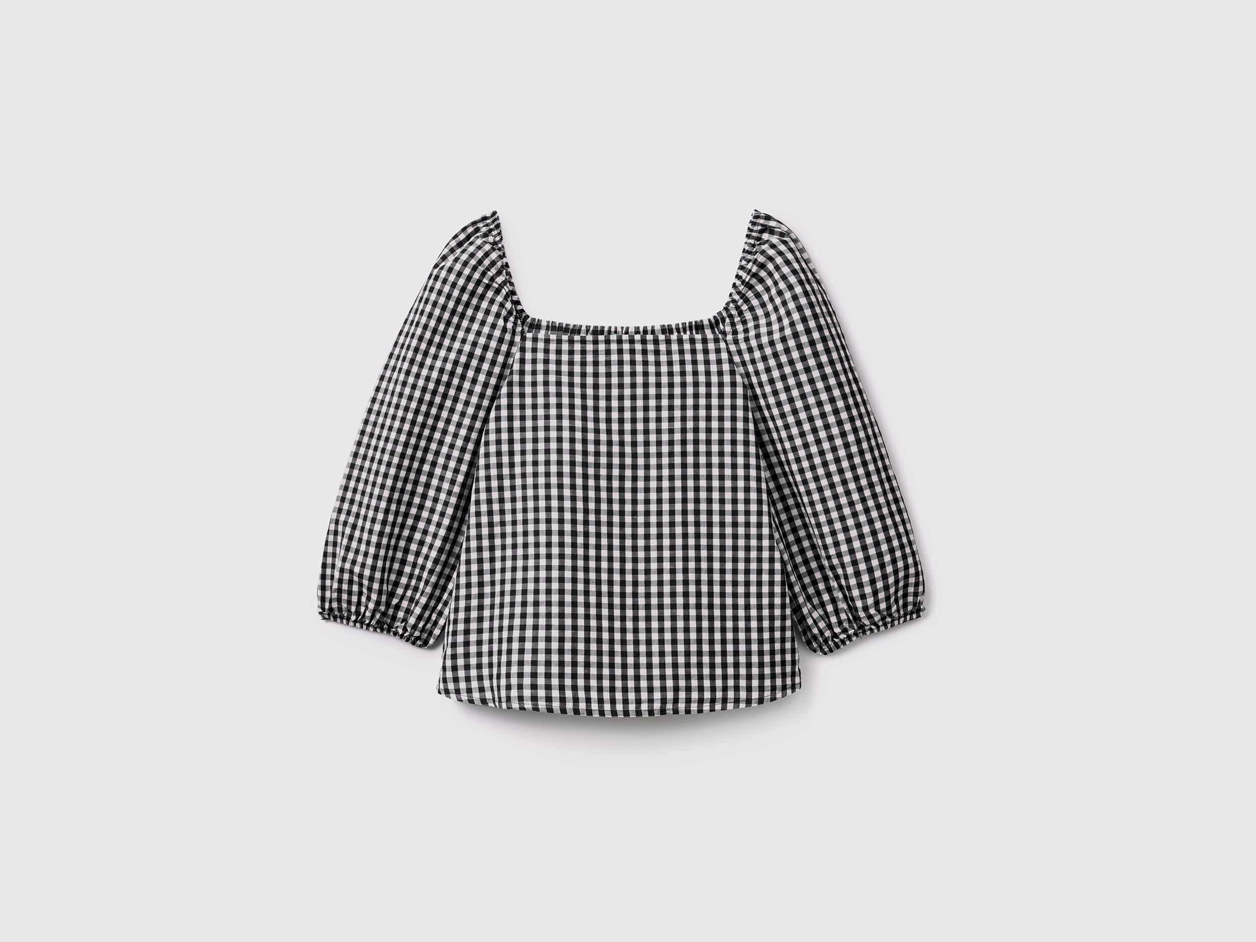 يونايتد كولورز اوف بينيتون بلوزة فيشي كتان مربعات أكمام بف نسائي