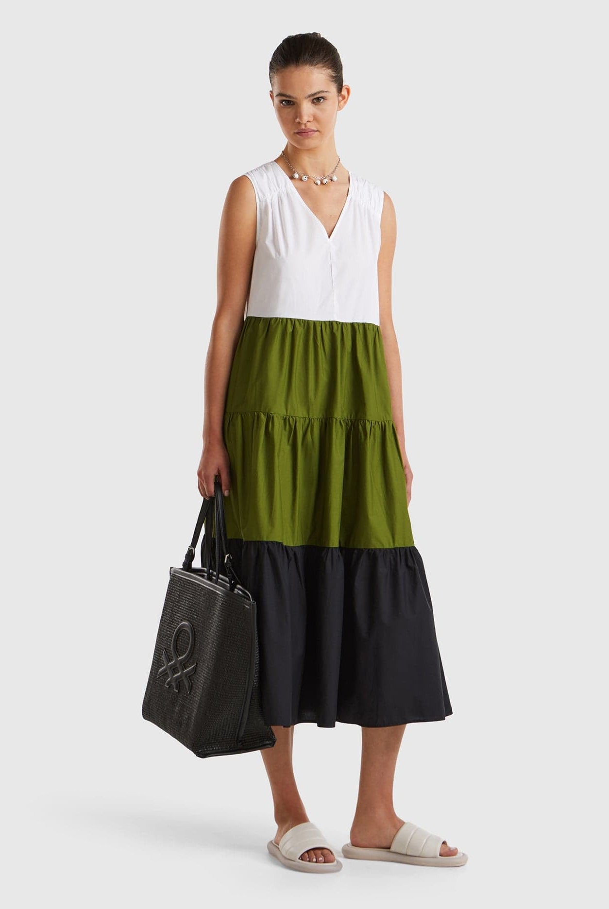 يونايتد كولورز اوف بينيتون فستان نسائي ميدي بدون اكمام ورقبة شكل v