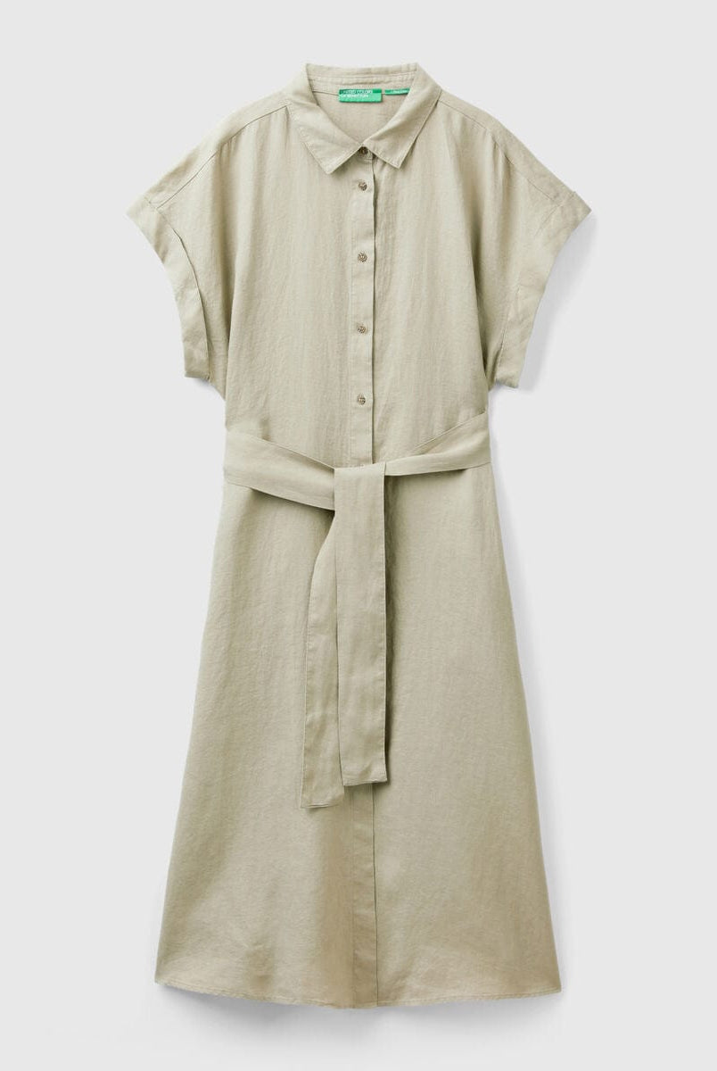 يونايتد كولورز اوف بينيتون فستان نسائي ميدي بأزرار أمامية كم قصير وحزام عند الخصر