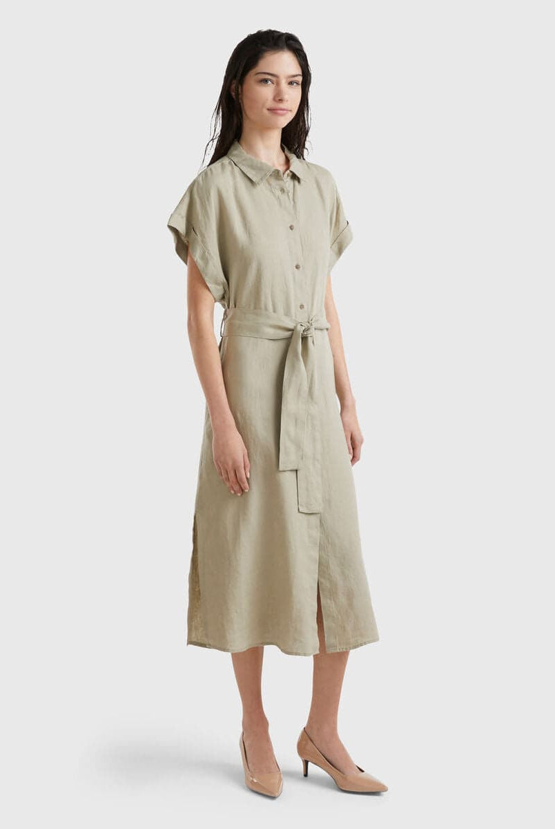 يونايتد كولورز اوف بينيتون فستان نسائي ميدي بأزرار أمامية كم قصير وحزام عند الخصر