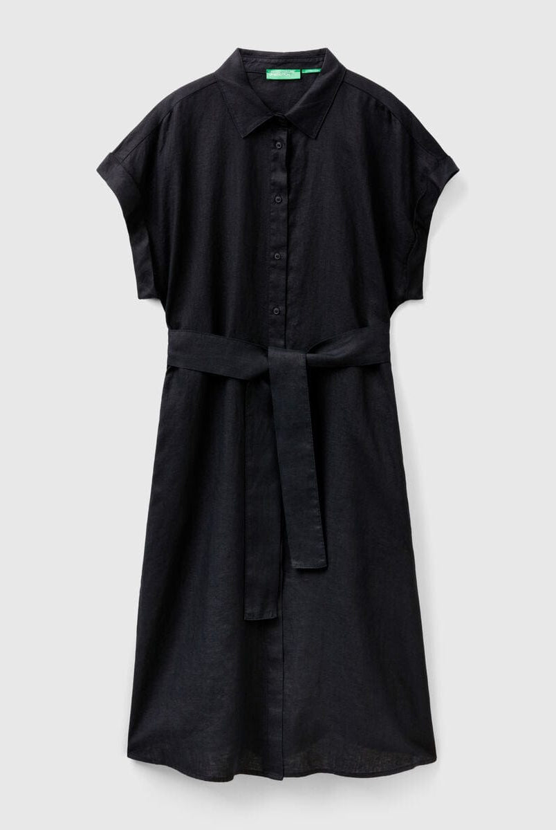 يونايتد كولورز اوف بينيتون فستان نسائي ميدي بأزرار أمامية كم قصير وحزام عند الخصر