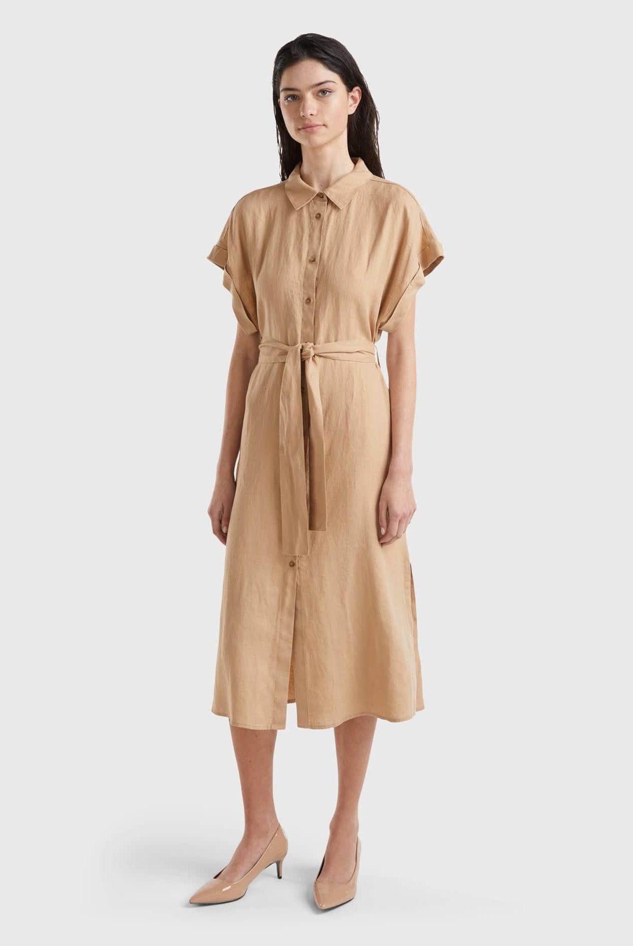 يونايتد كولورز اوف بينيتون فستان نسائي ميدي بأزرار أمامية كم قصير وحزام عند الخصر