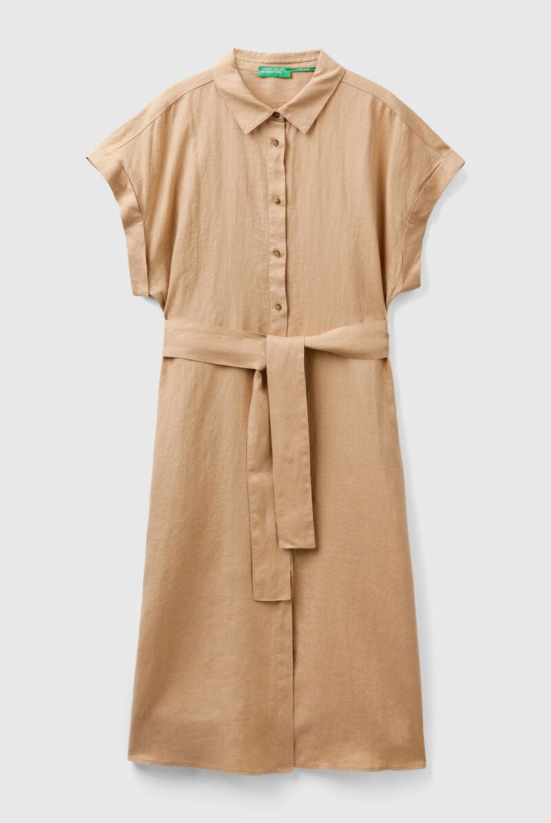 يونايتد كولورز اوف بينيتون فستان نسائي ميدي بأزرار أمامية كم قصير وحزام عند الخصر