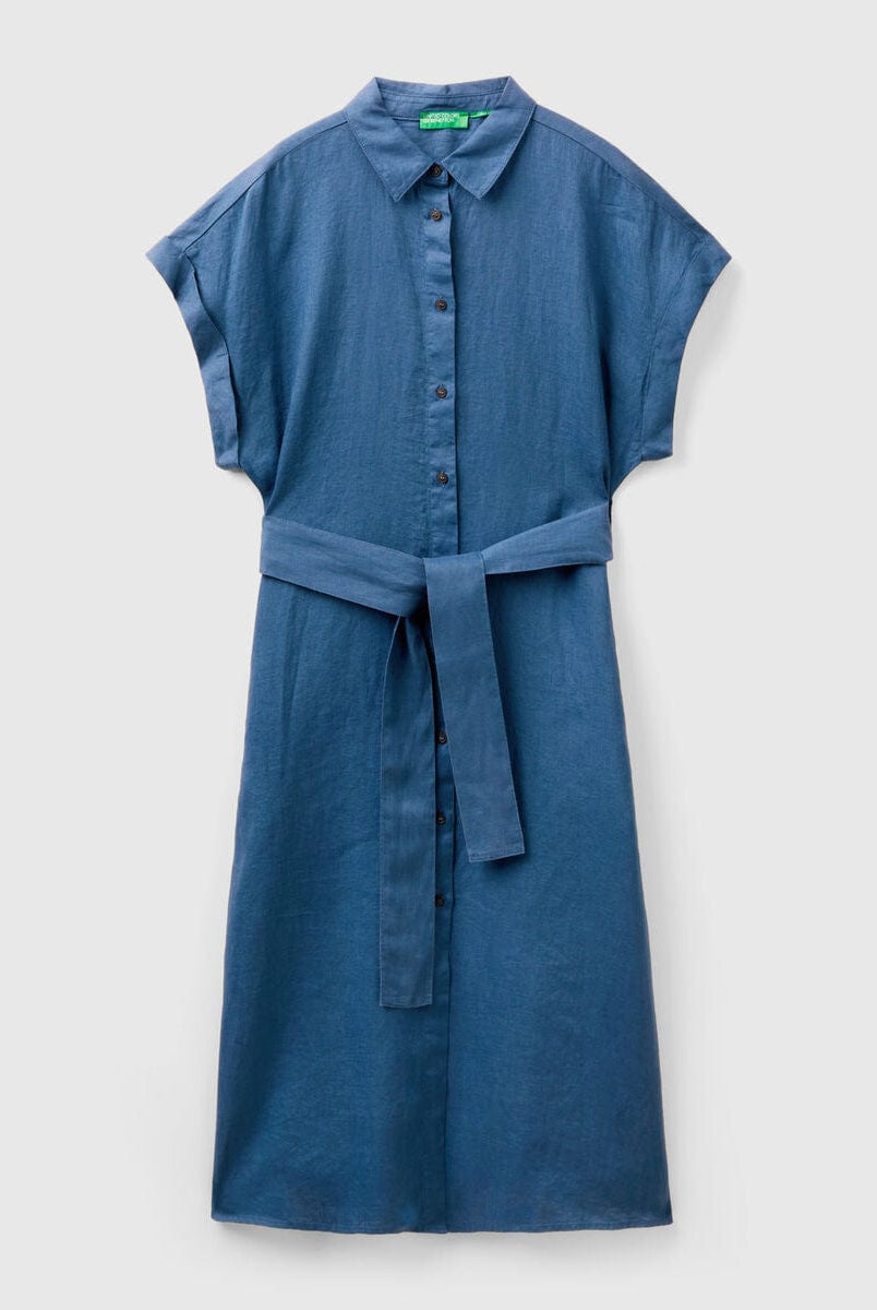 يونايتد كولورز اوف بينيتون فستان نسائي ميدي بأزرار أمامية كم قصير وحزام عند الخصر