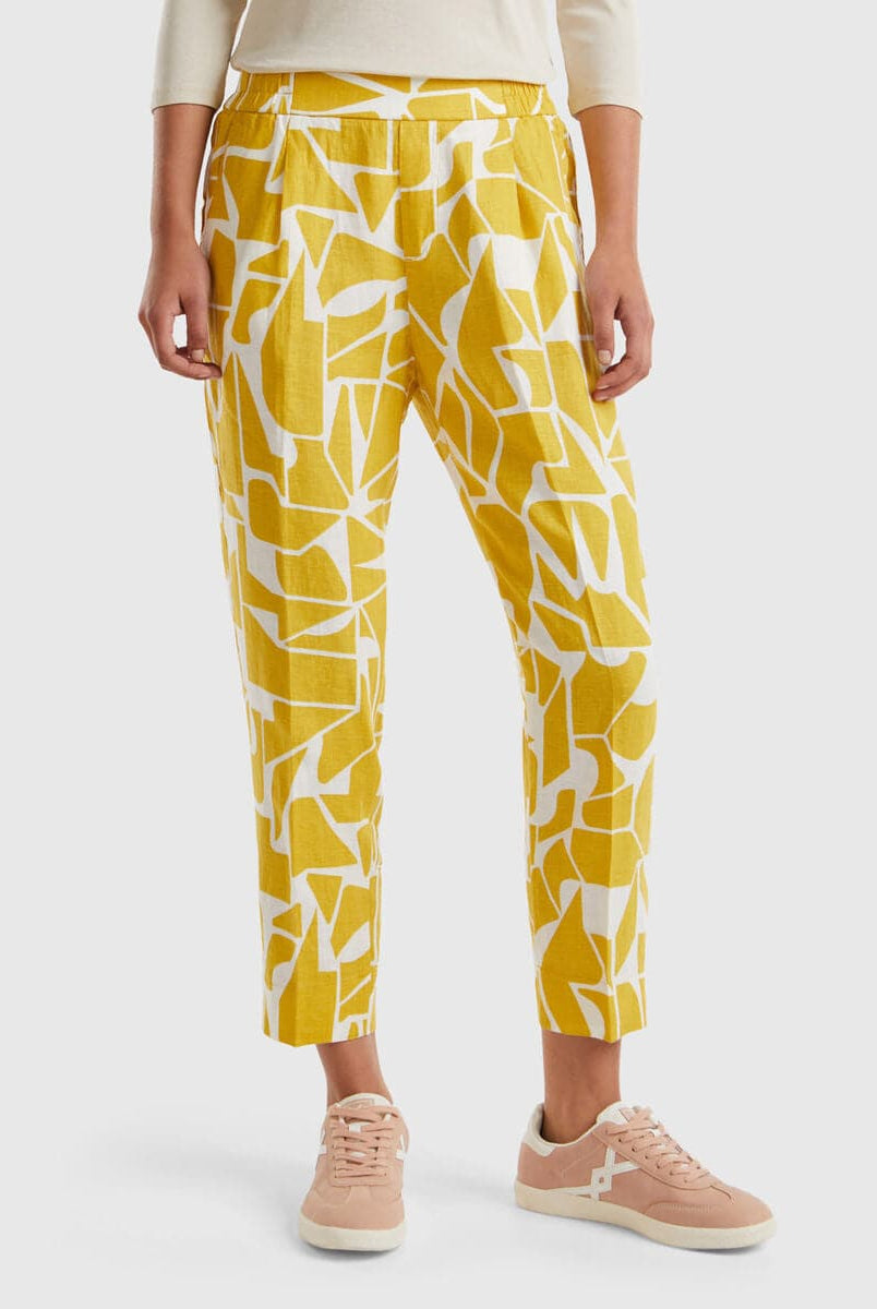 يونايتد كولورز اوف بينيتون بنطلون نسائي مزخرف بالكامل بخصر مرن من الكتان