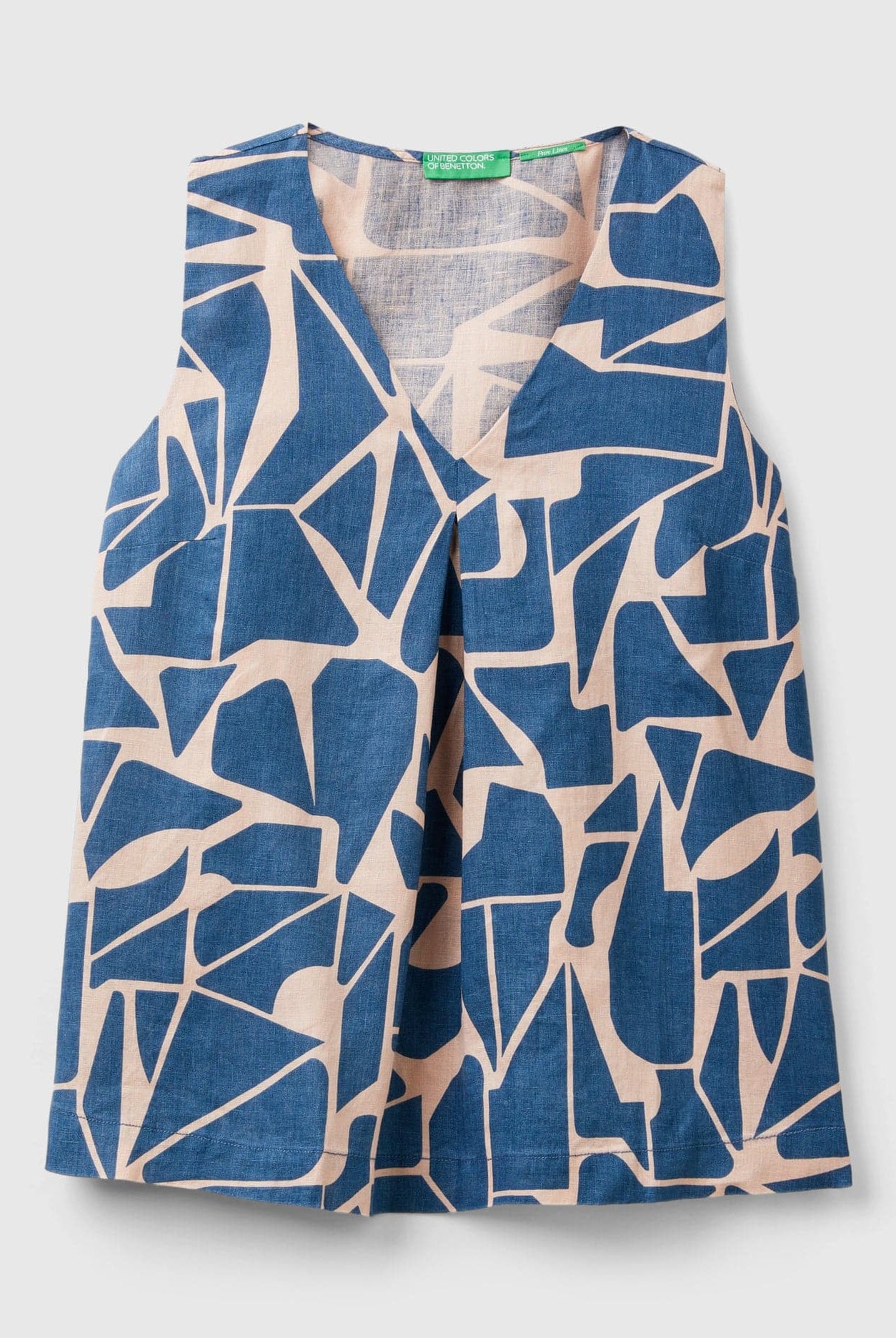 يونايتد كولورز اوف بينيتون بلوزة نسائية مشجرة من الكتان فتحة صدر على شكل حرف V بدون اكمام