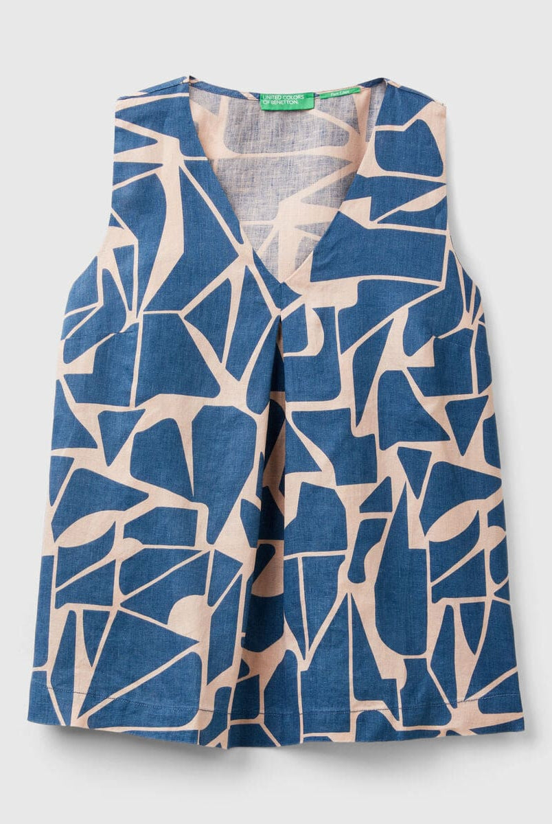 يونايتد كولورز اوف بينيتون بلوزة نسائية مشجرة من الكتان فتحة صدر على شكل حرف V بدون اكمام