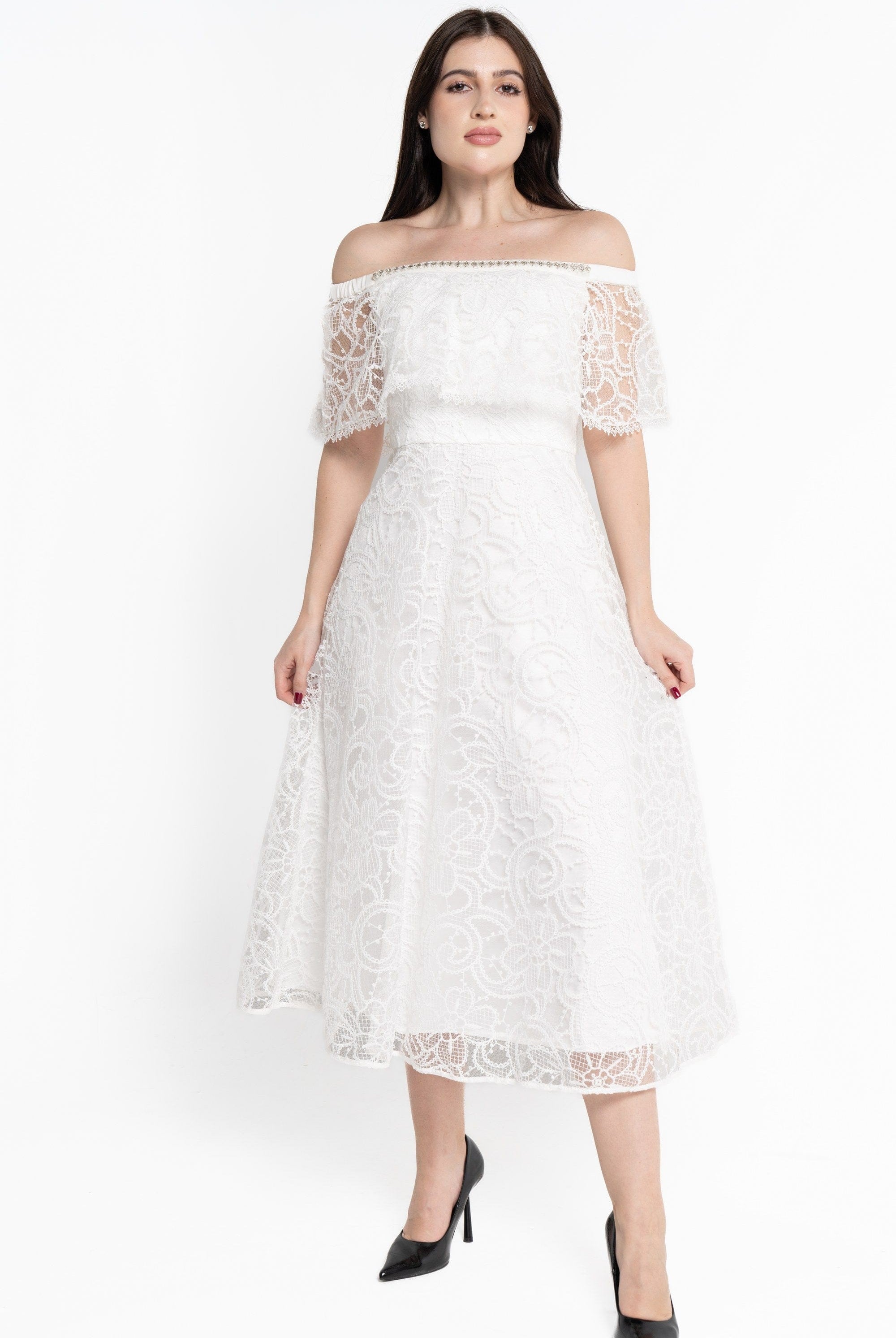 نتشي فستان ميدي بأكمام قصيرة أوف شولدر لامع نسائي