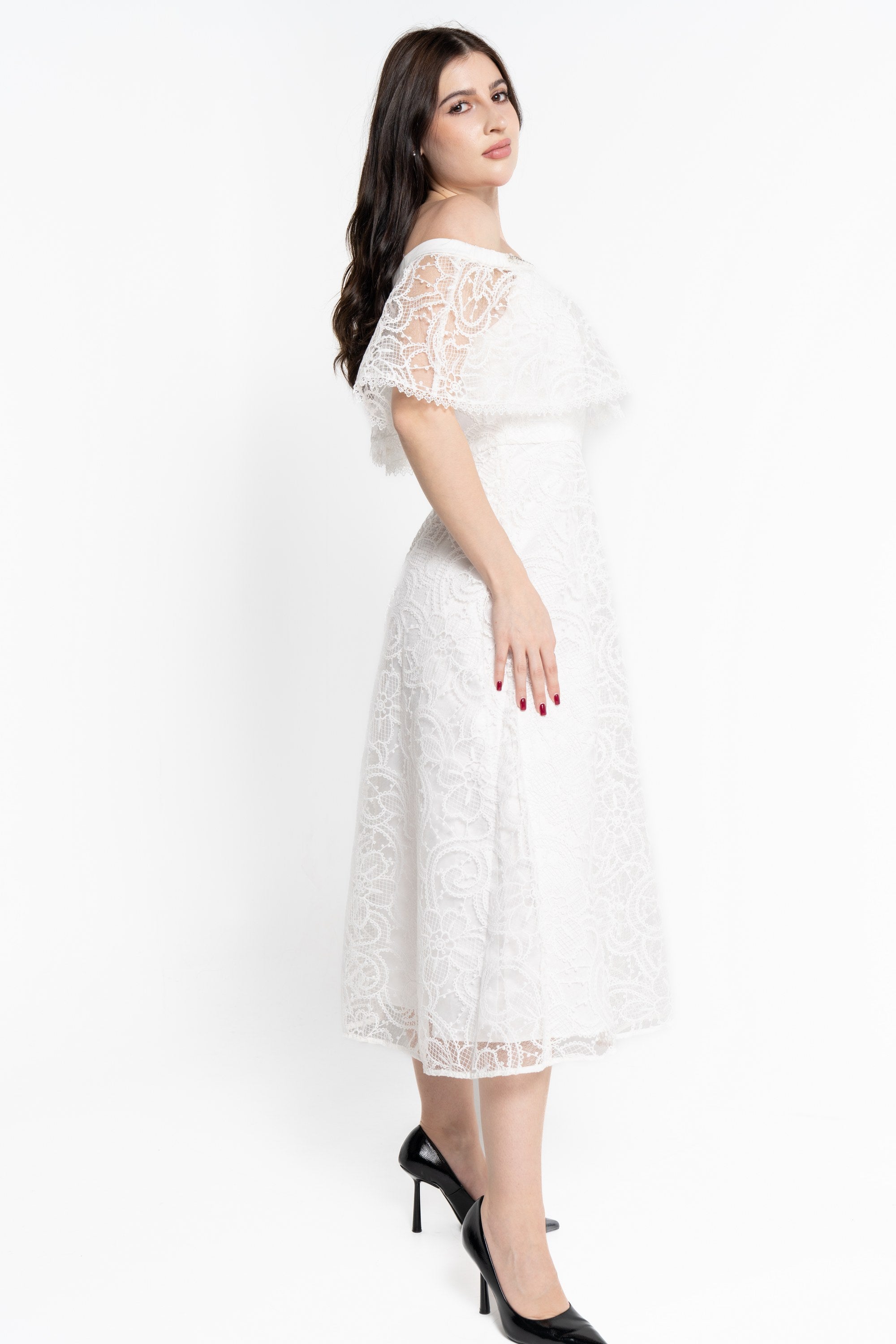 نتشي فستان ميدي بأكمام قصيرة أوف شولدر لامع نسائي