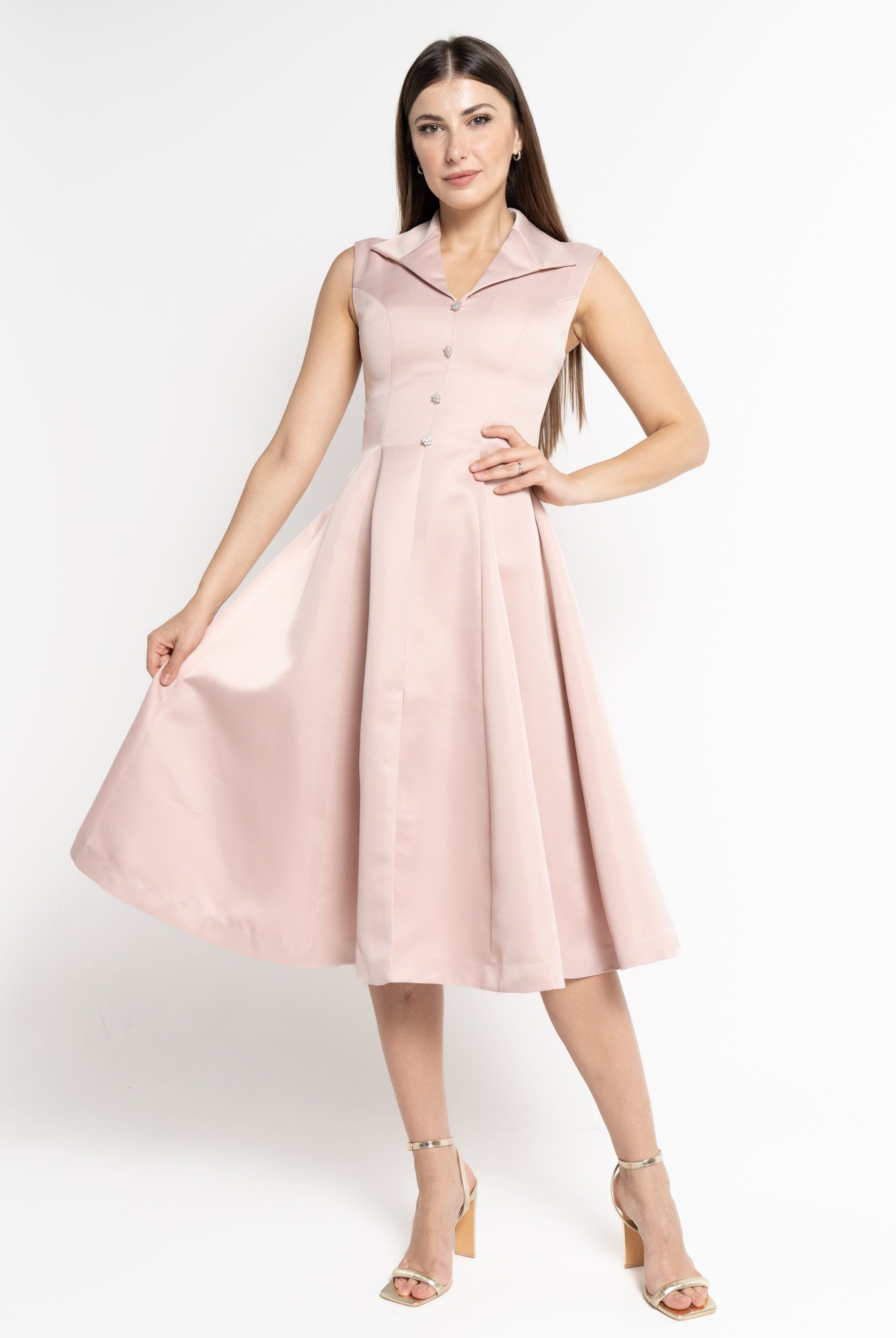 نتشي فستان ميدي بلا أكمام كت بأزرار أمامية نسائي