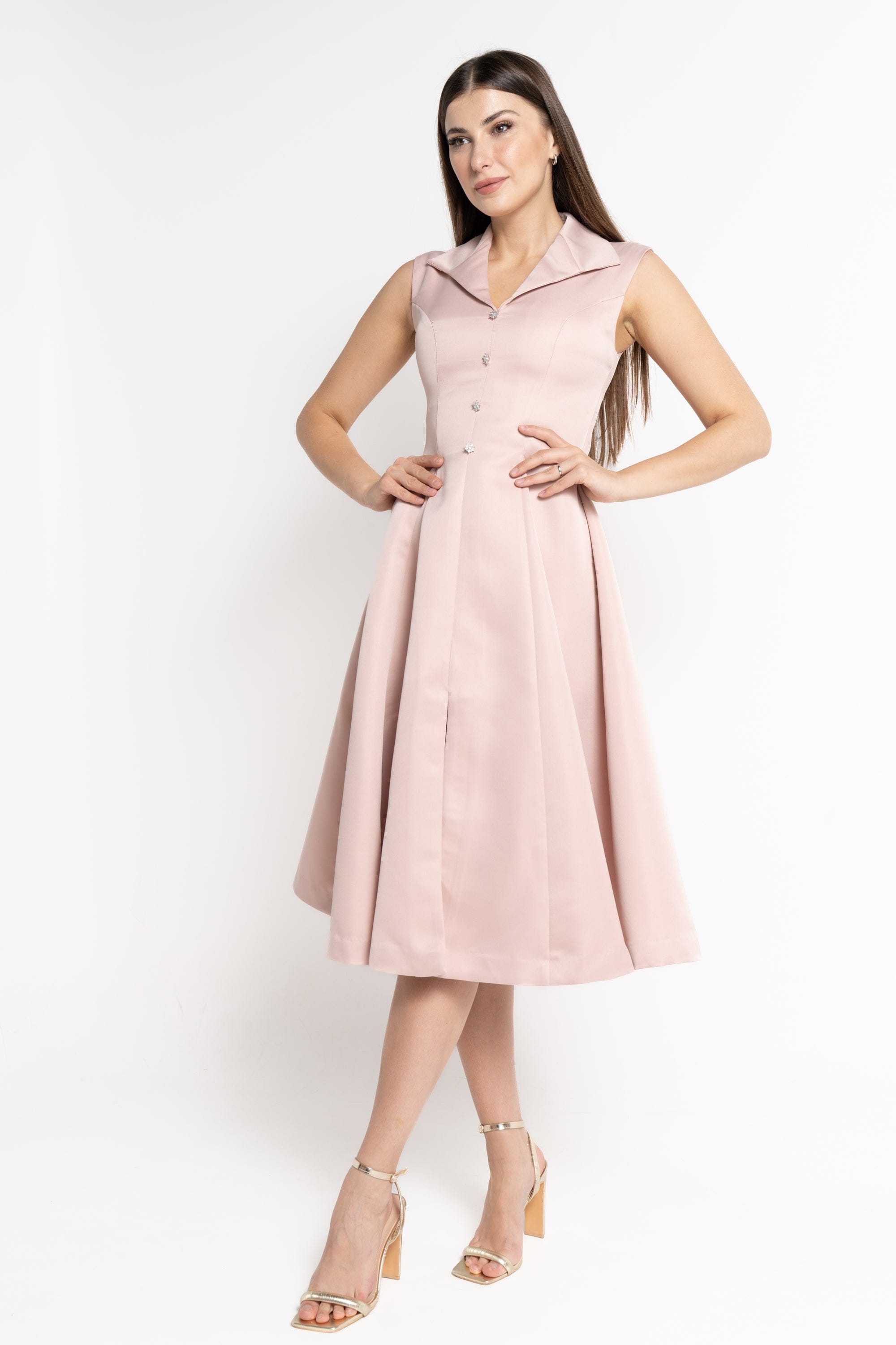 نتشي فستان ميدي بلا أكمام كت بأزرار أمامية نسائي