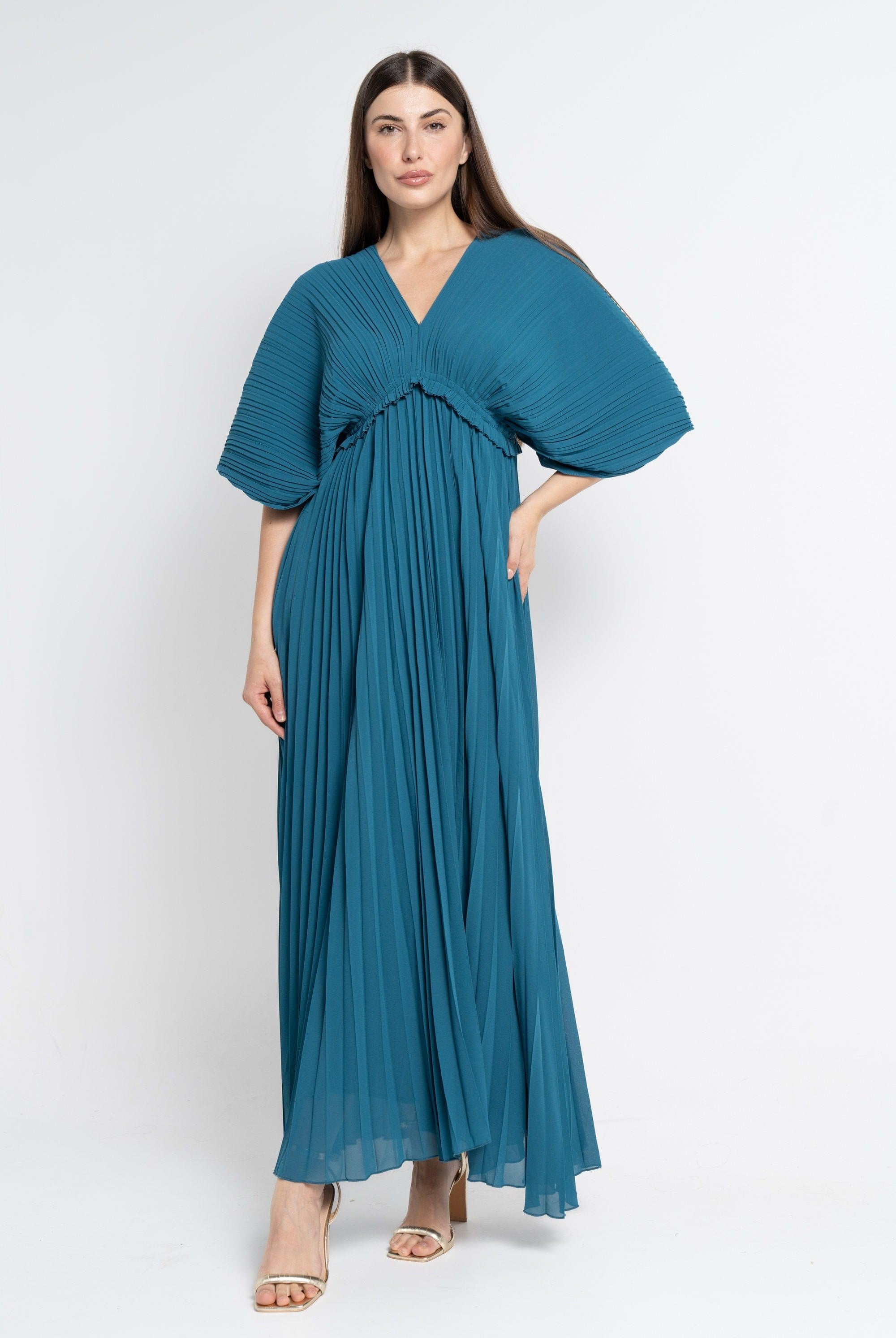 نتشي فستان ماكسي بأكمام فراشة مخصر نسائي