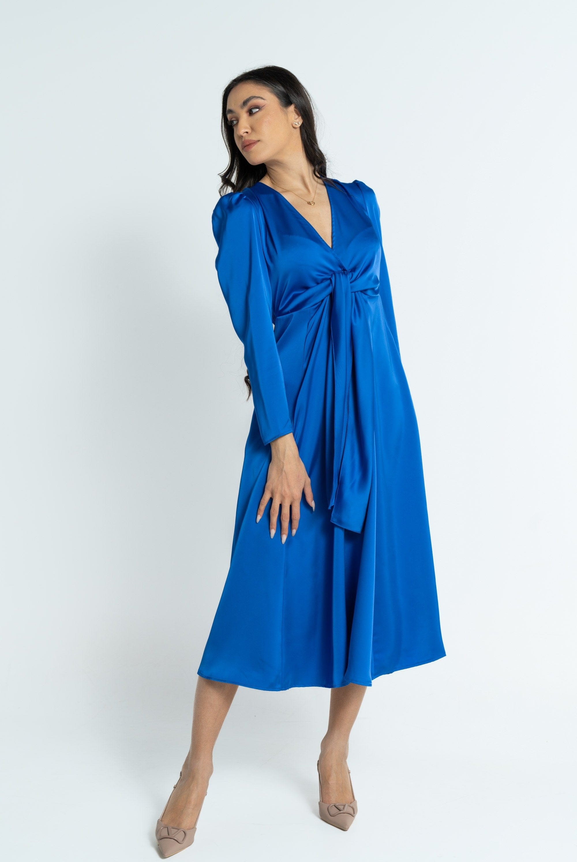 نتشي فستان ميدي بأكمام طويلة بربطة صدر نسائي