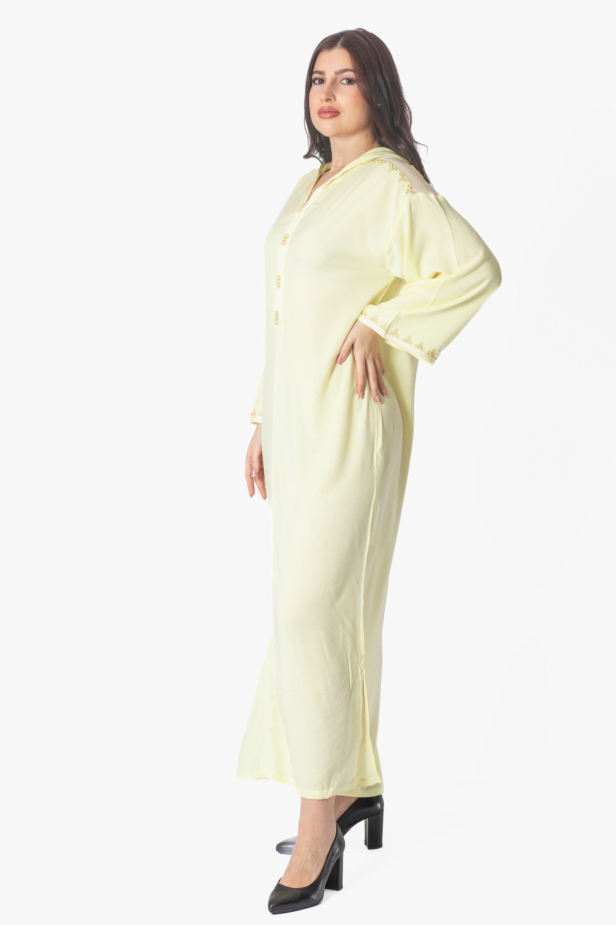ديامانتين جلابية بأكمام طويلة سادة مزينة بكور أمامية نسائي أصفر فاتح