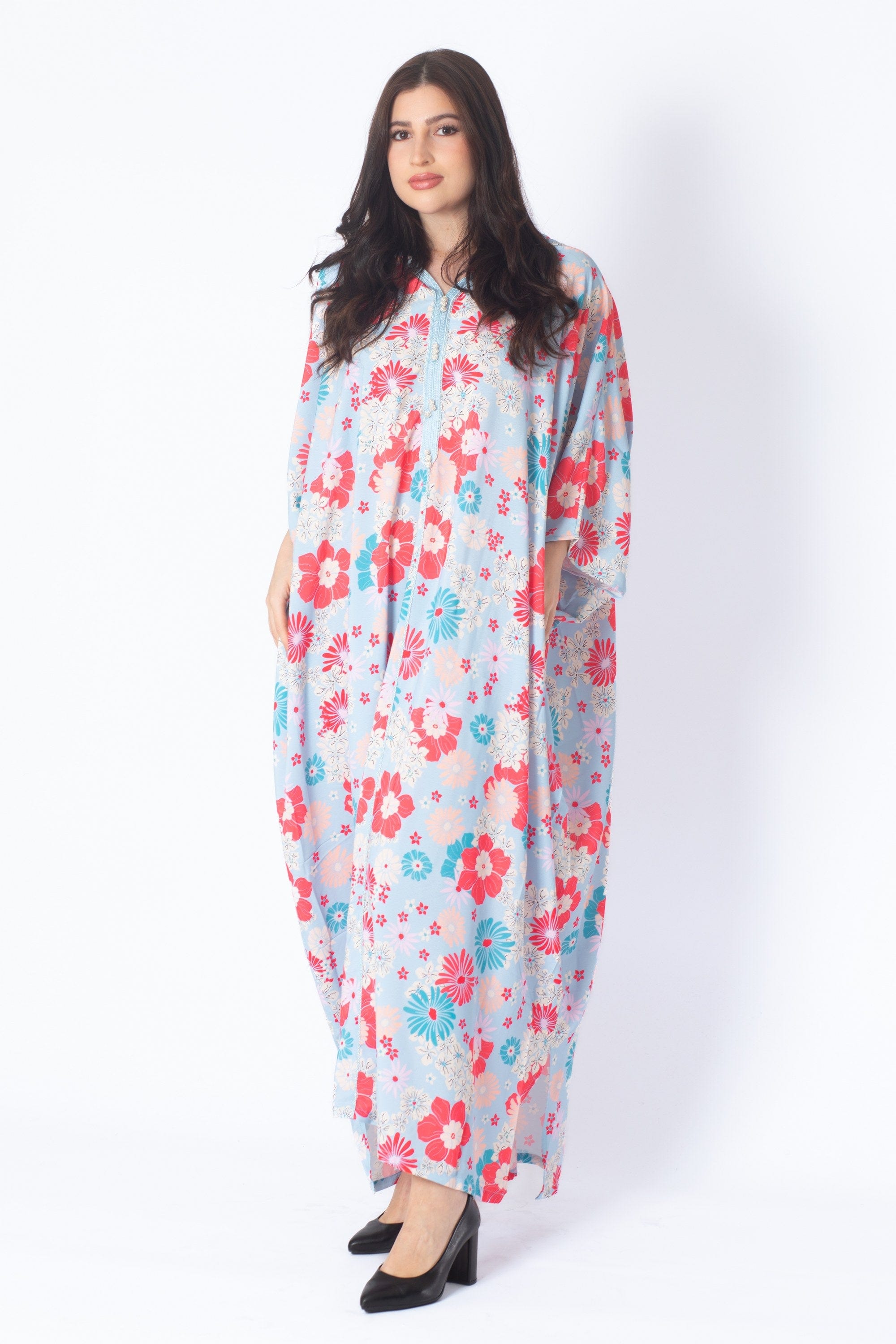 ديامانتين جلابة موردة بقبعة 3/4 كم واسع نسائي أزرق فاتح