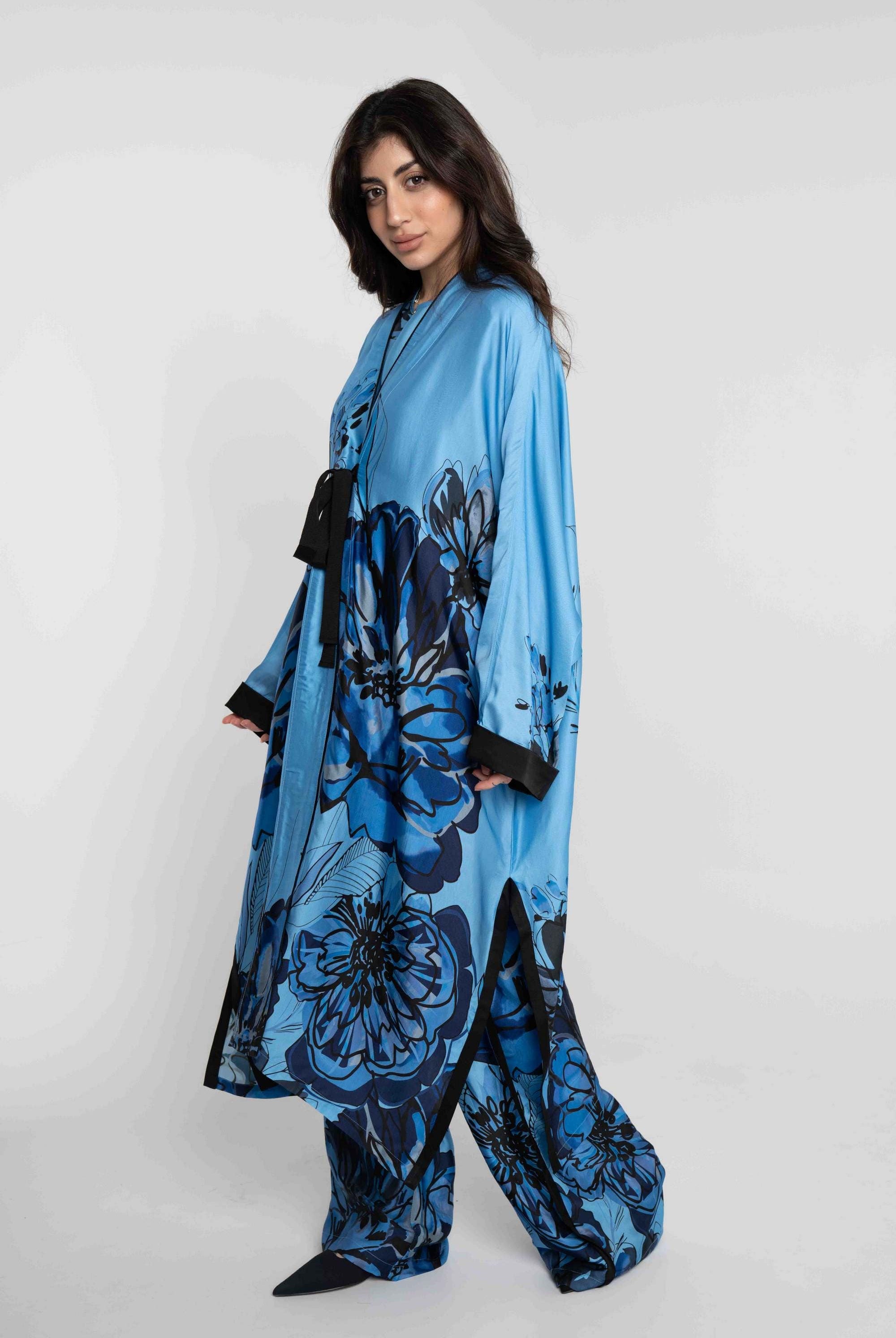 داليدرس قفطان نسائي مورد كم طويل نسائي ازرق مطبوع