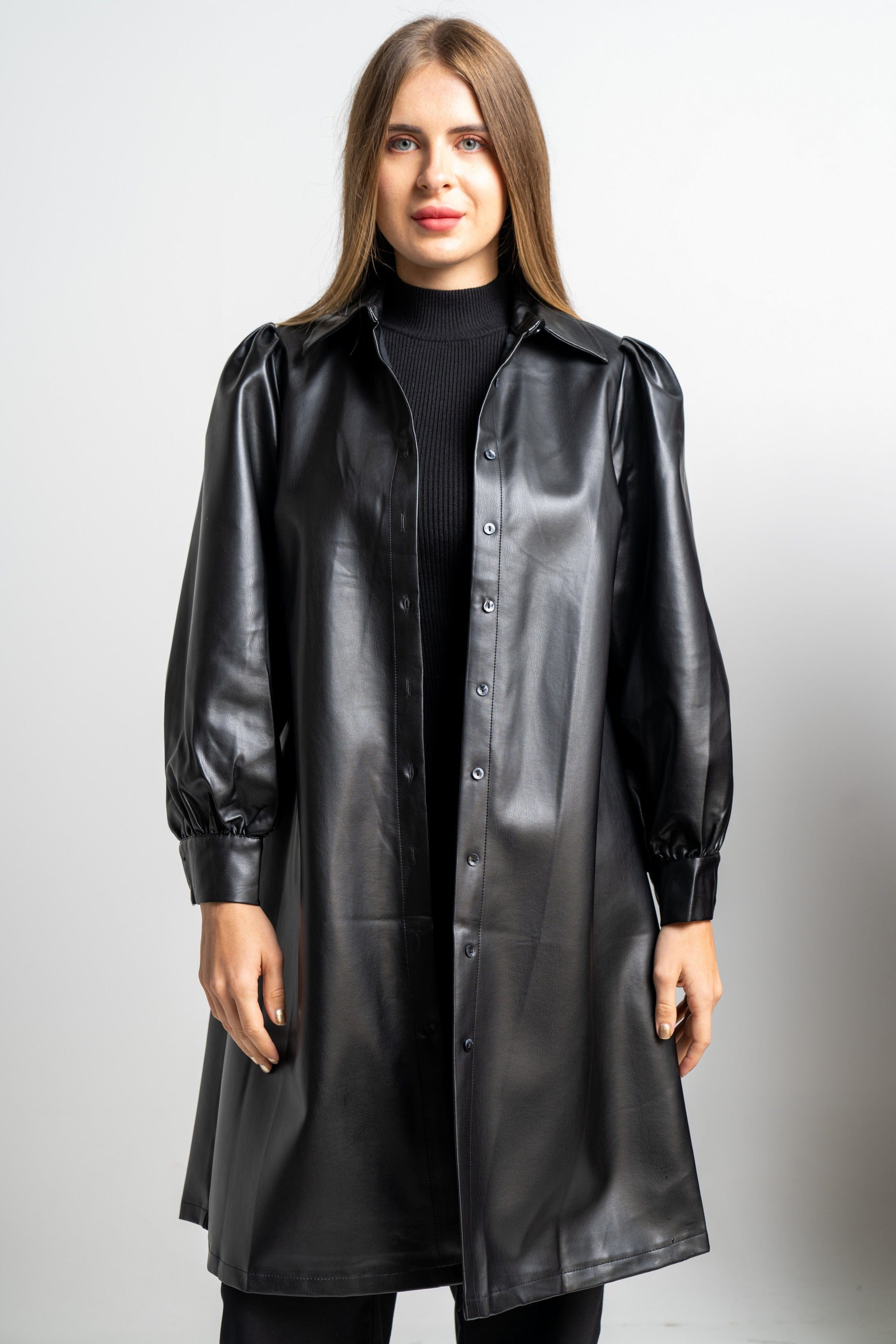 نتشي فستان جلد ميدي كم طويل سادة نسائي