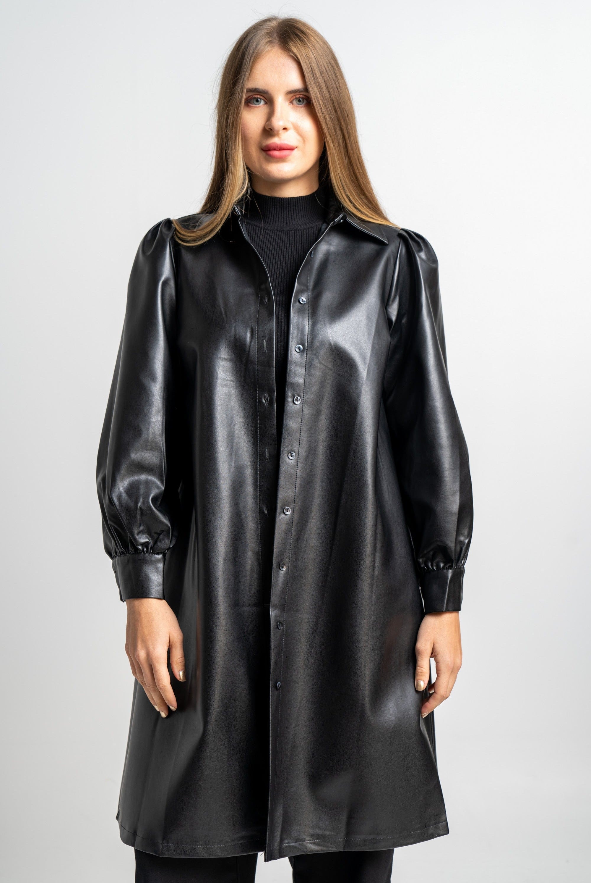 نتشي فستان جلد ميدي كم طويل سادة نسائي