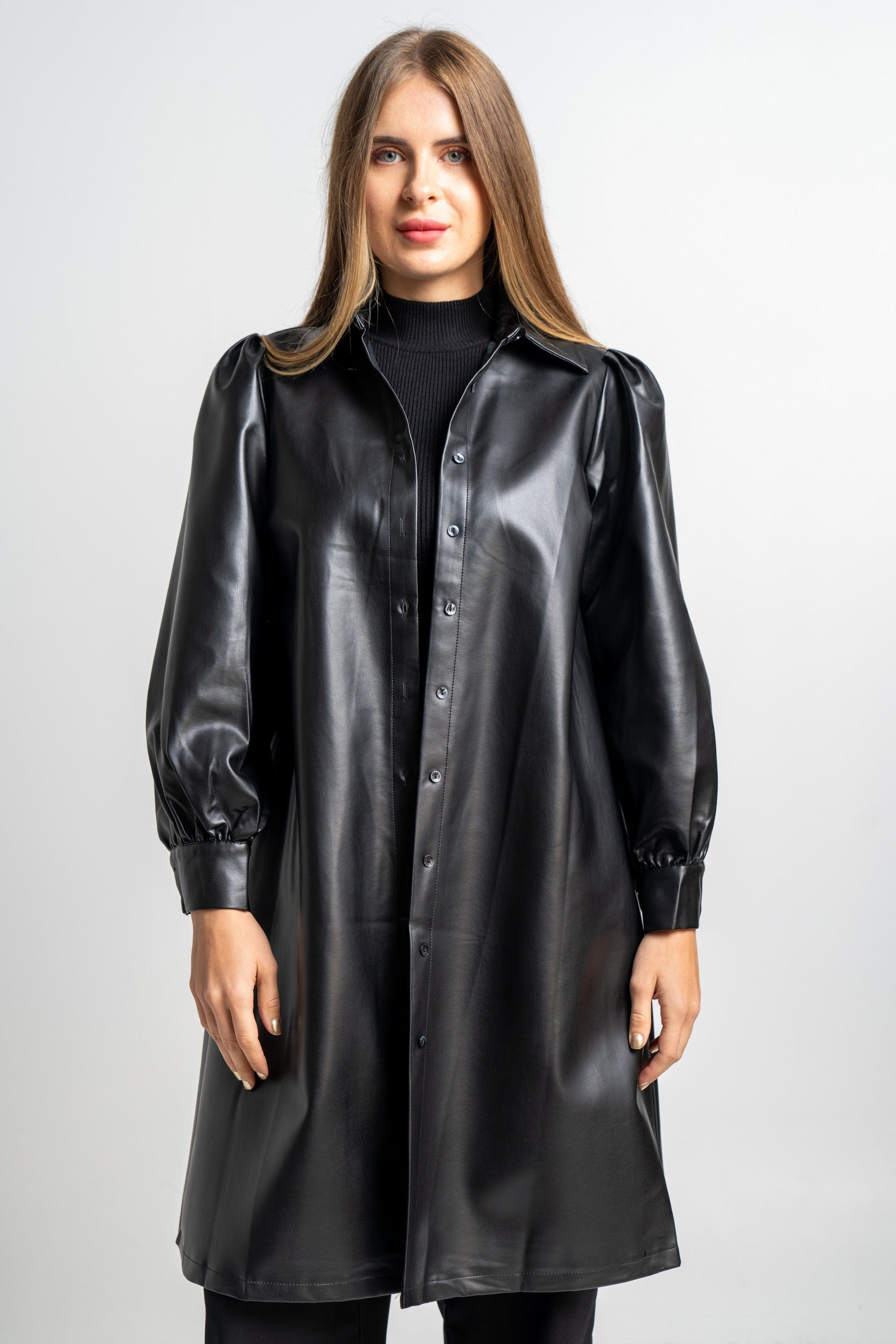 نتشي فستان جلد ميدي كم طويل سادة نسائي