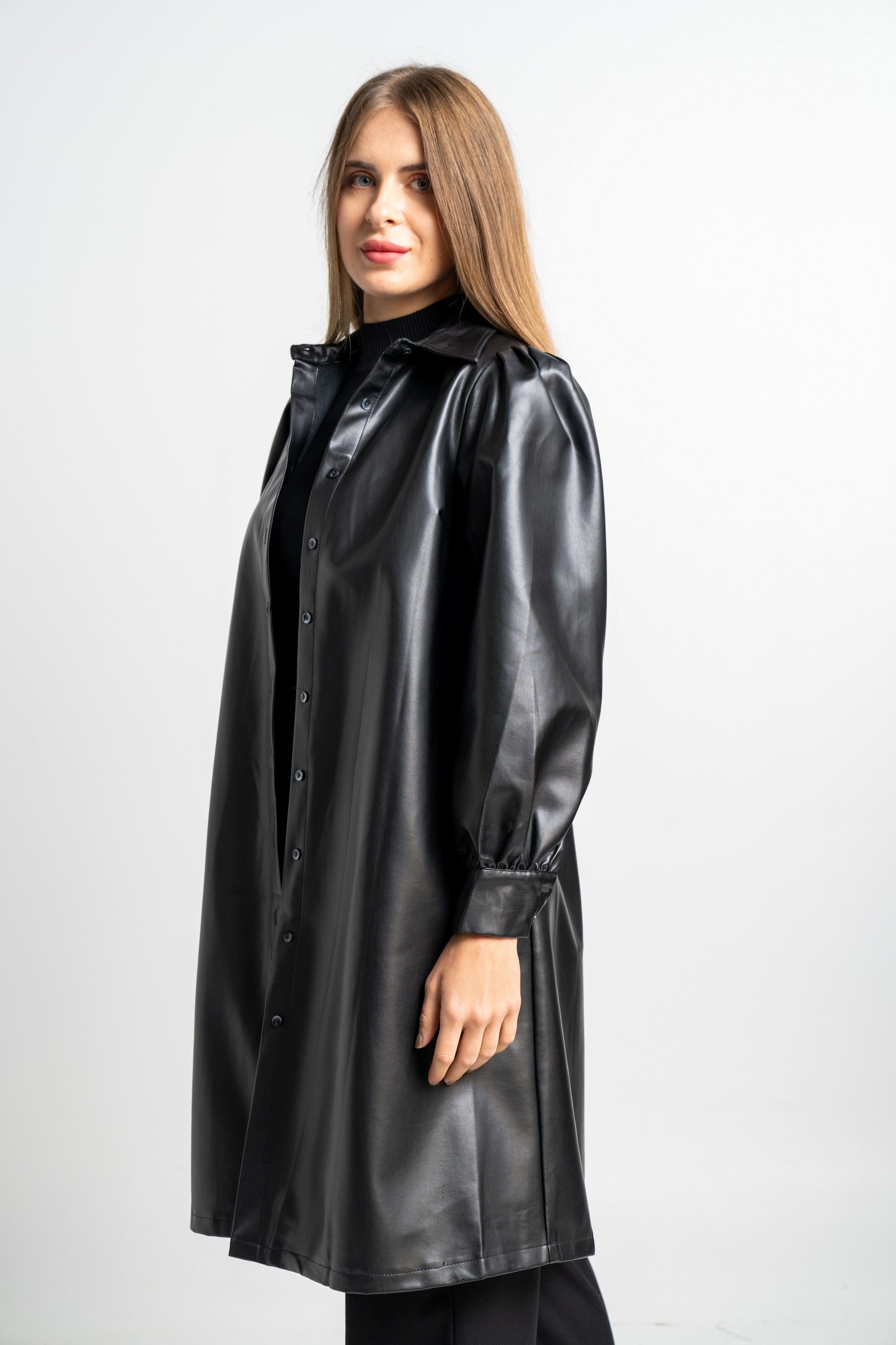 نتشي فستان جلد ميدي كم طويل سادة نسائي