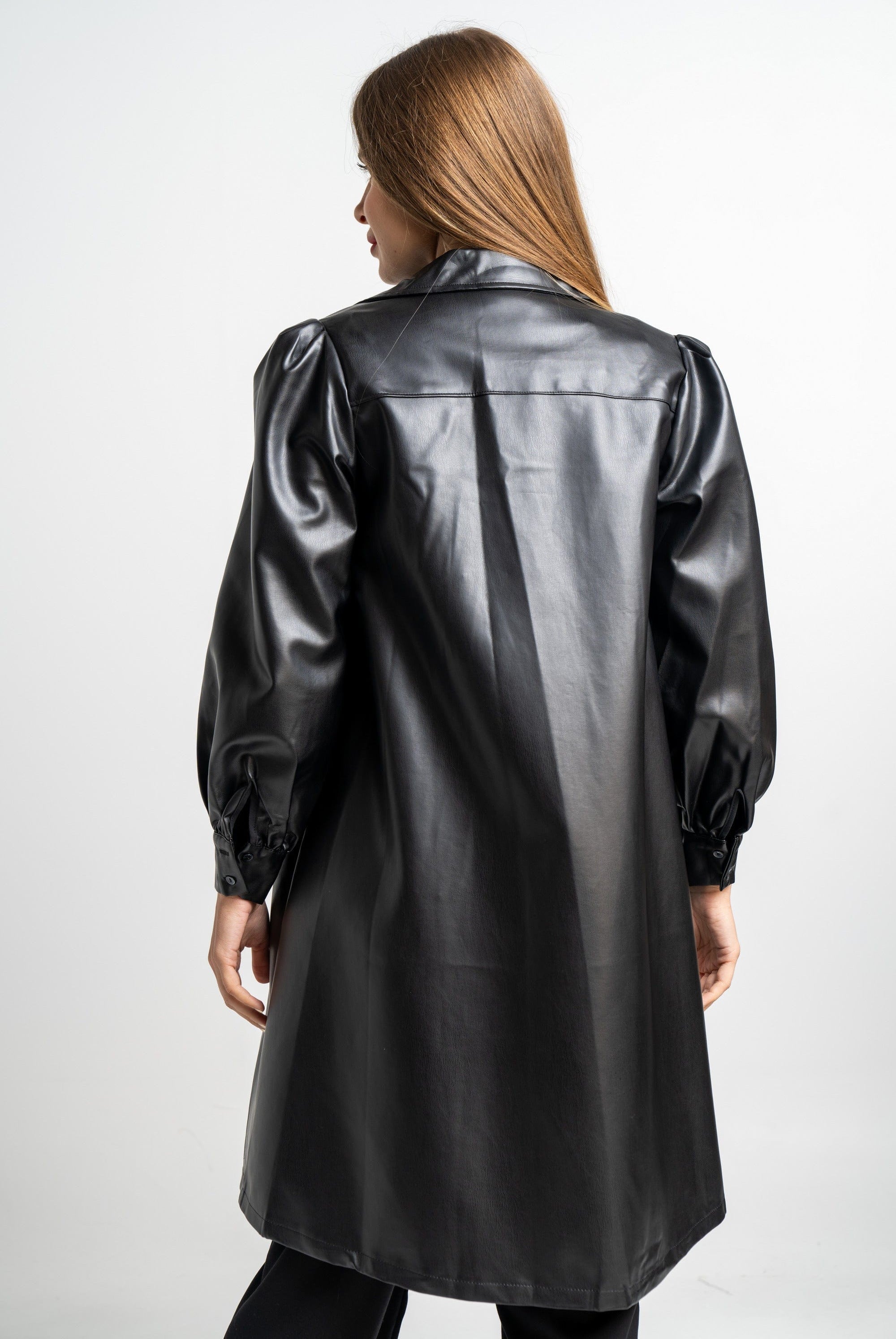 نتشي فستان جلد ميدي كم طويل سادة نسائي