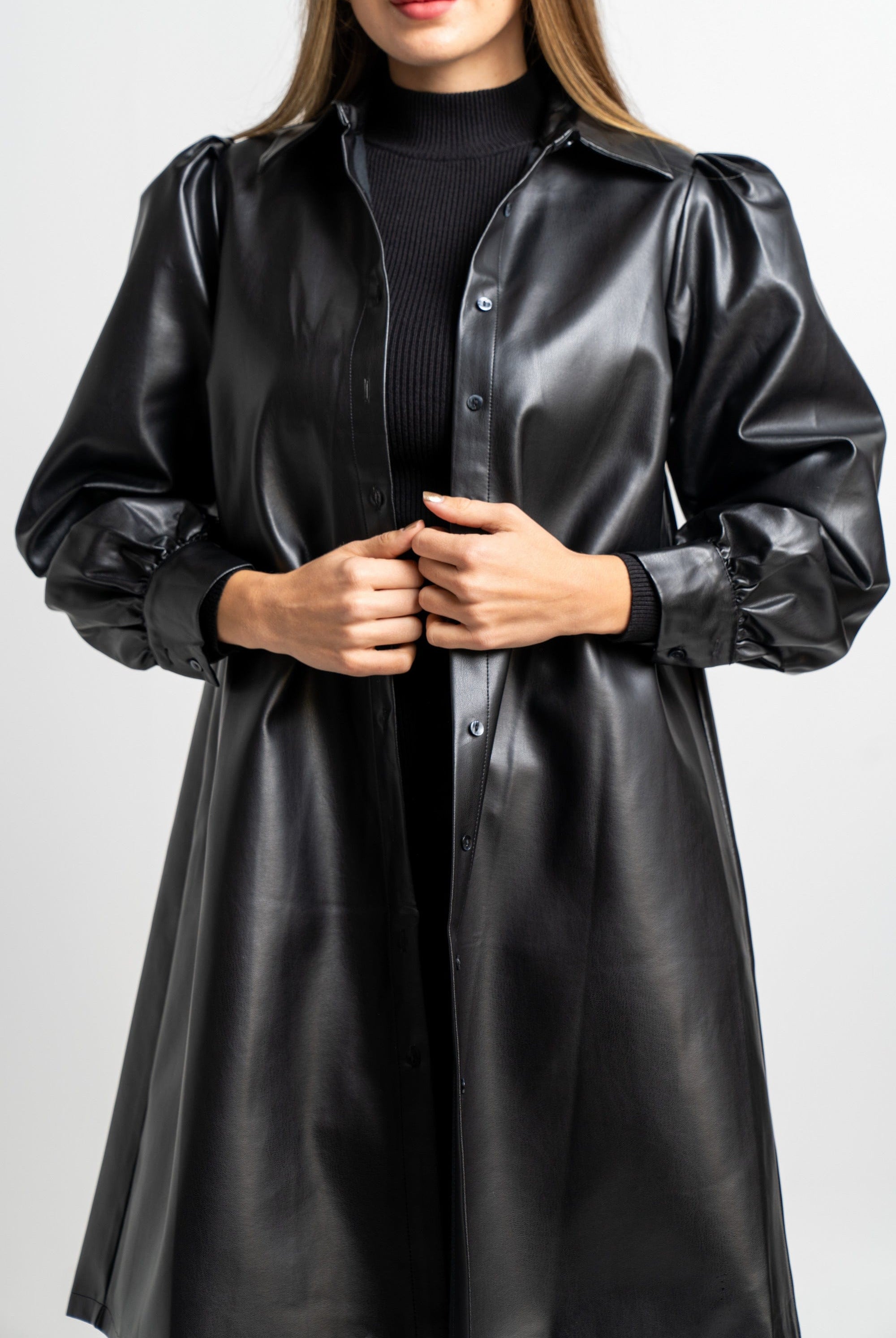 نتشي فستان جلد ميدي كم طويل سادة نسائي