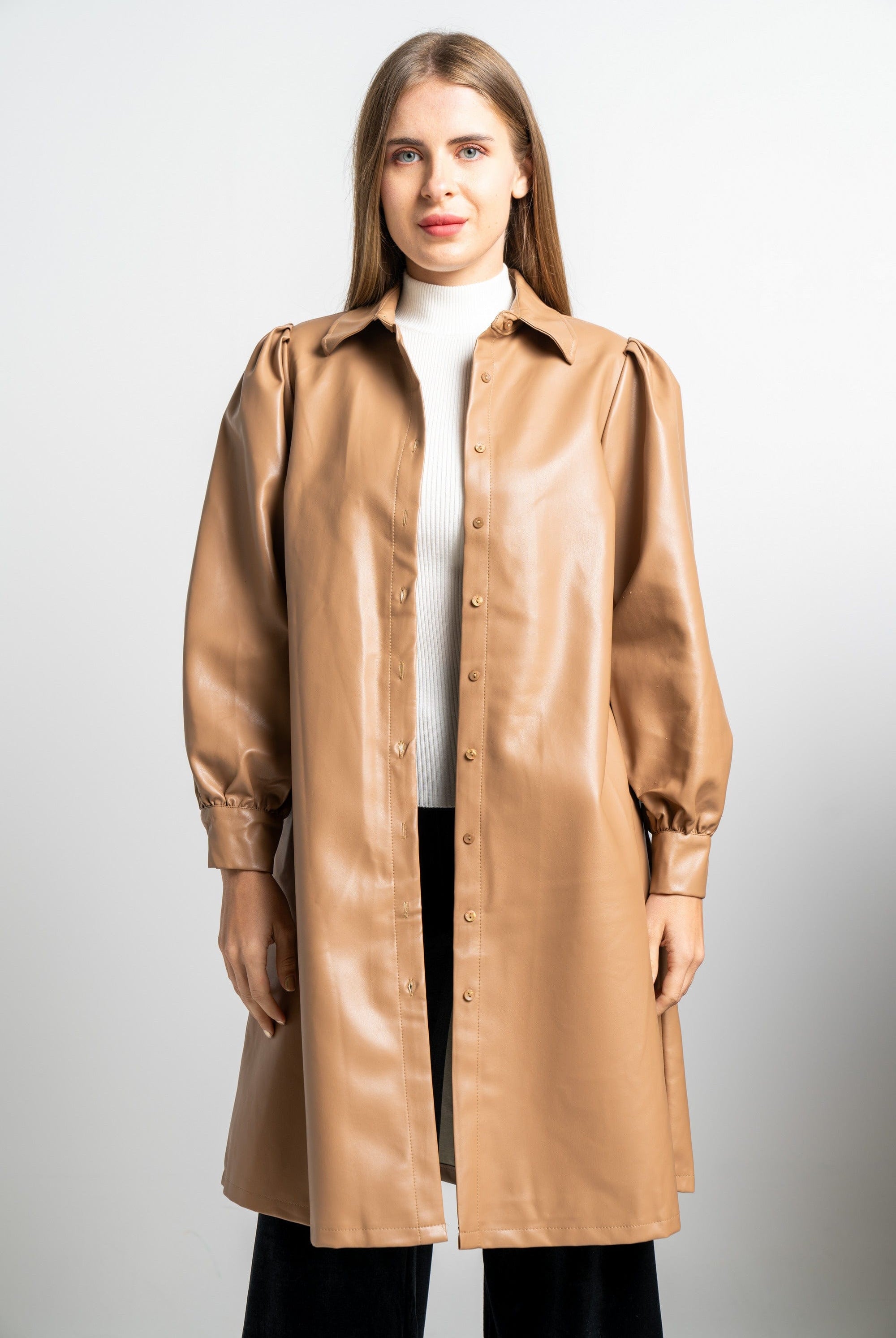 نتشي فستان جلد ميدي كم طويل سادة نسائي