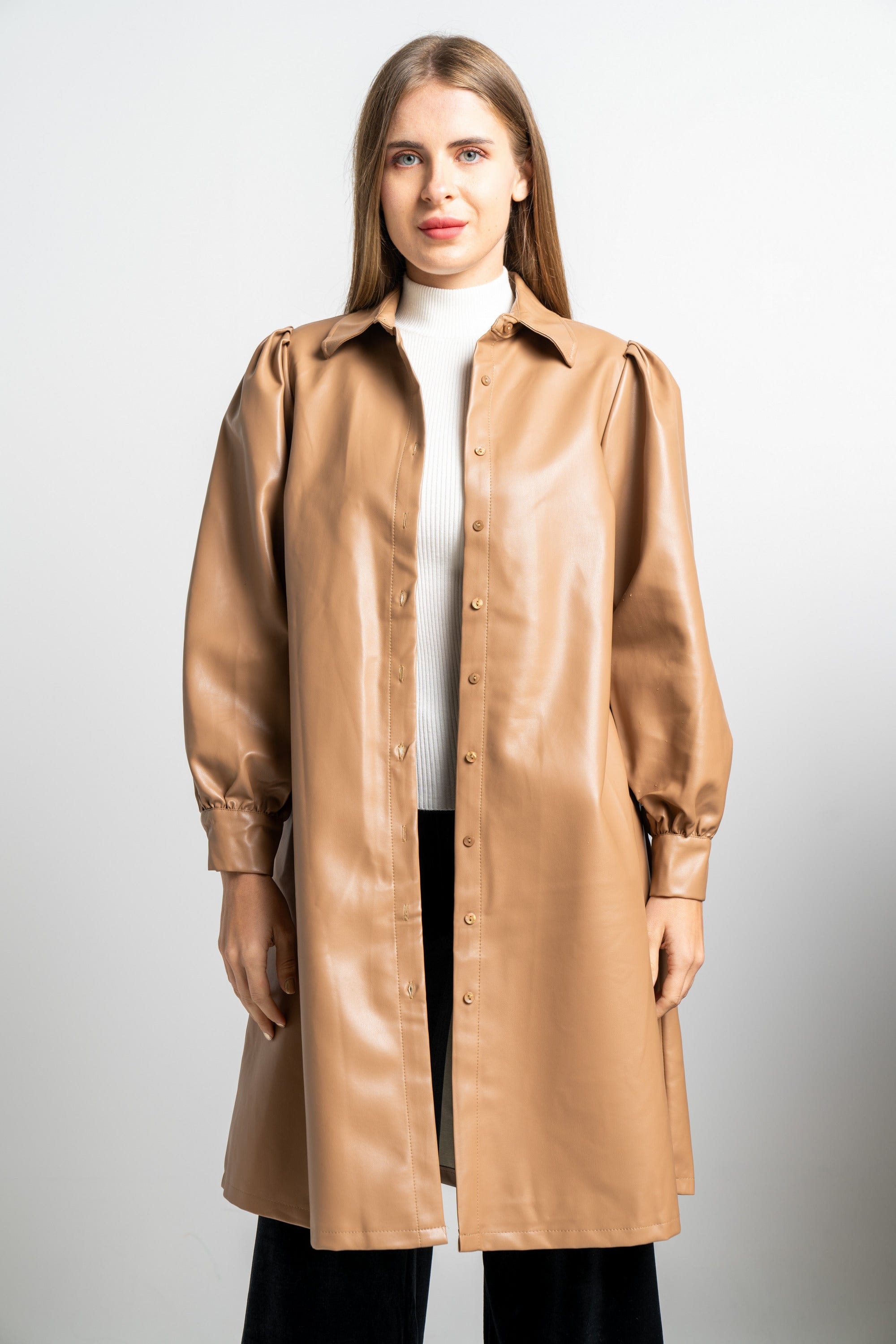 نتشي فستان جلد ميدي كم طويل سادة نسائي