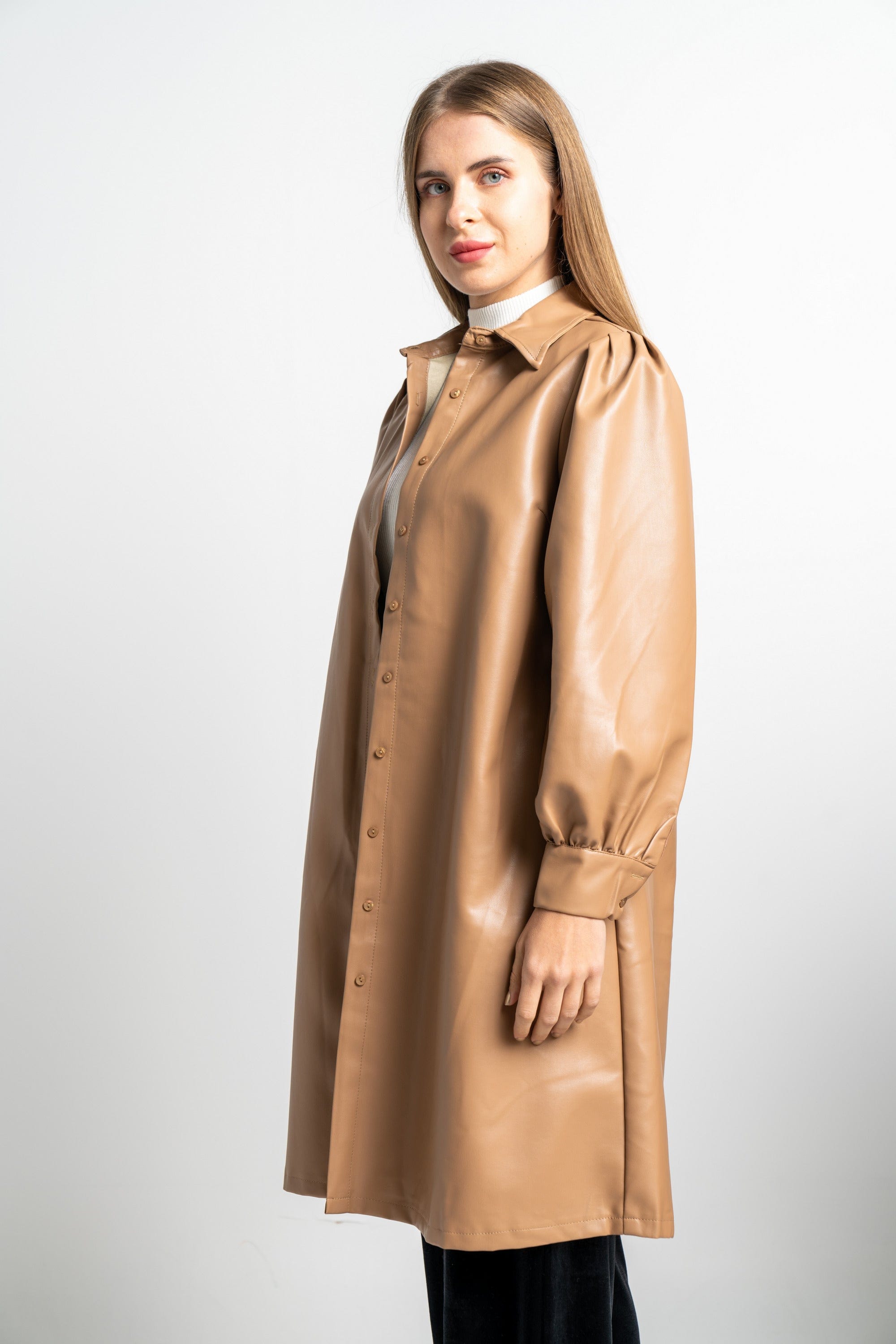 نتشي فستان جلد ميدي كم طويل سادة نسائي