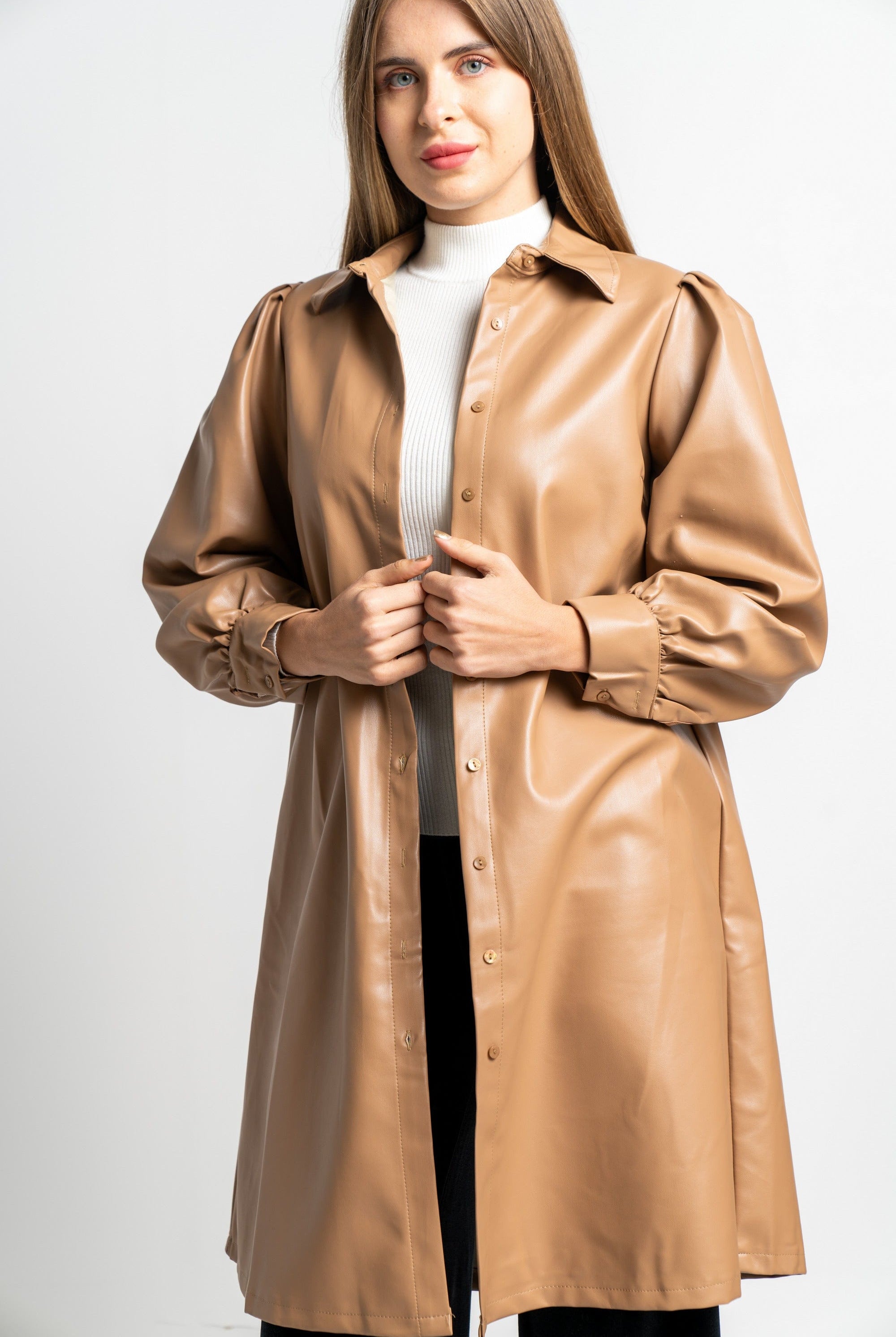 نتشي فستان جلد ميدي كم طويل سادة نسائي