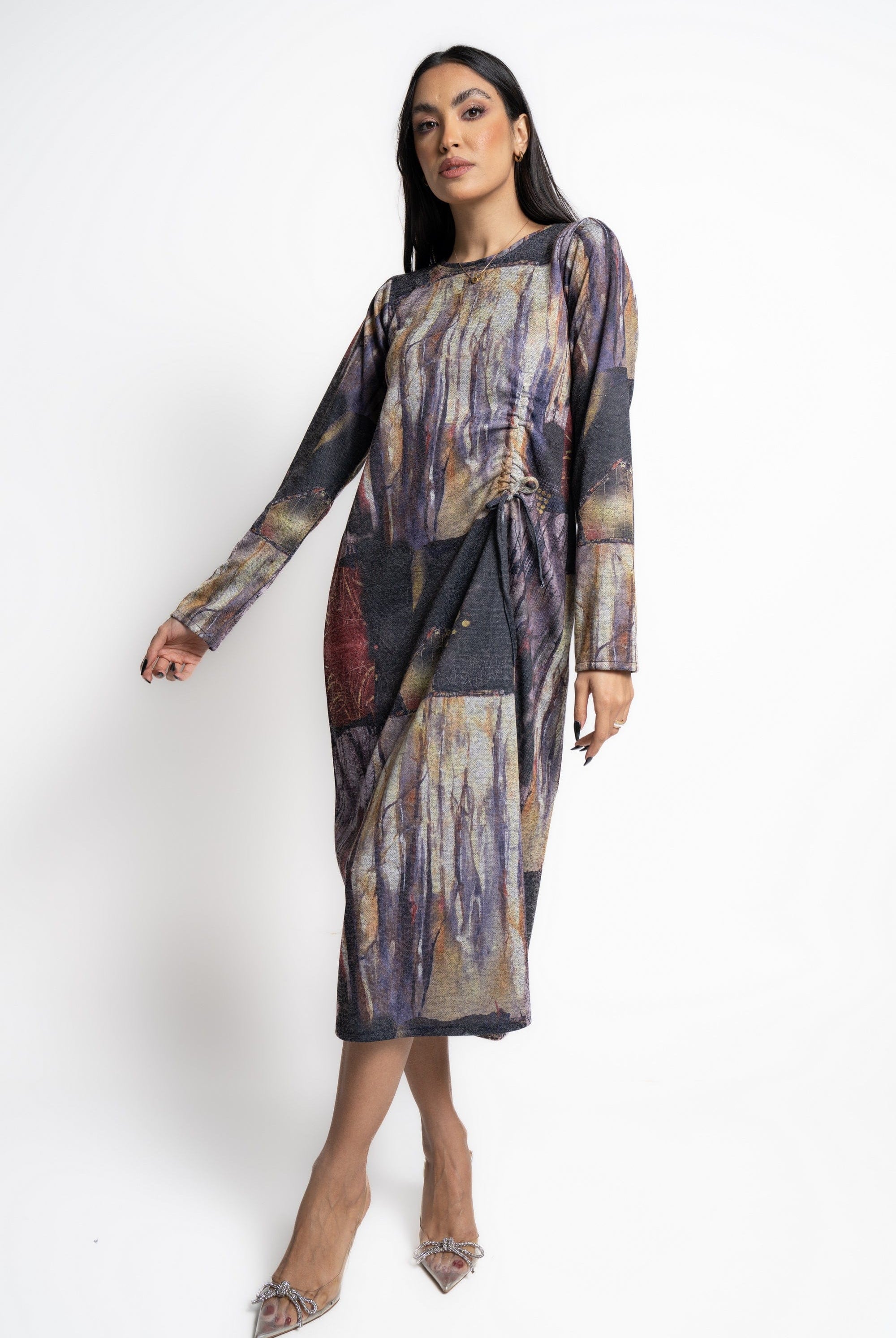 كاميليا فستان صوف قصير منقوش كم طويل نسائي ملون