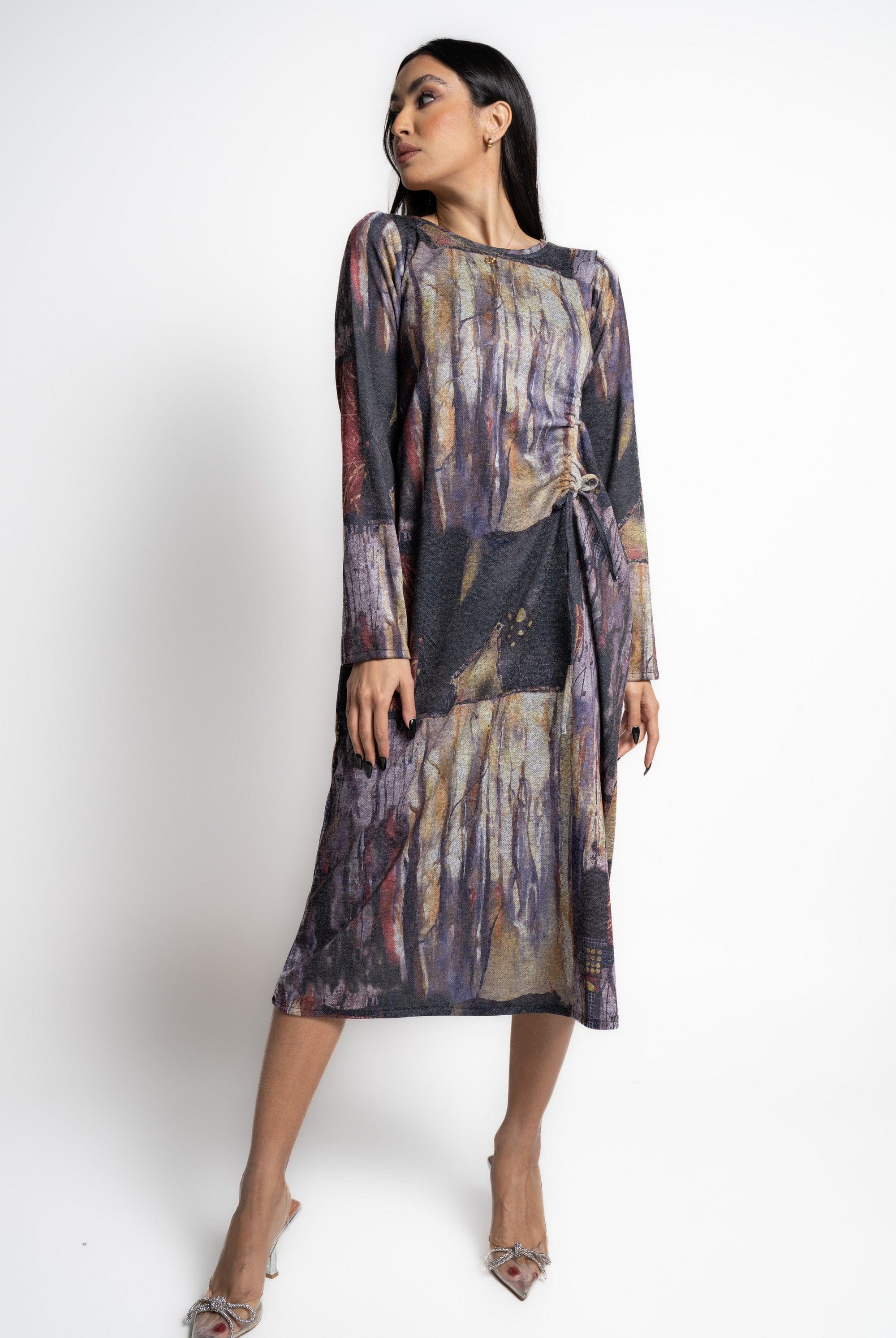 كاميليا فستان صوف قصير منقوش كم طويل نسائي ملون