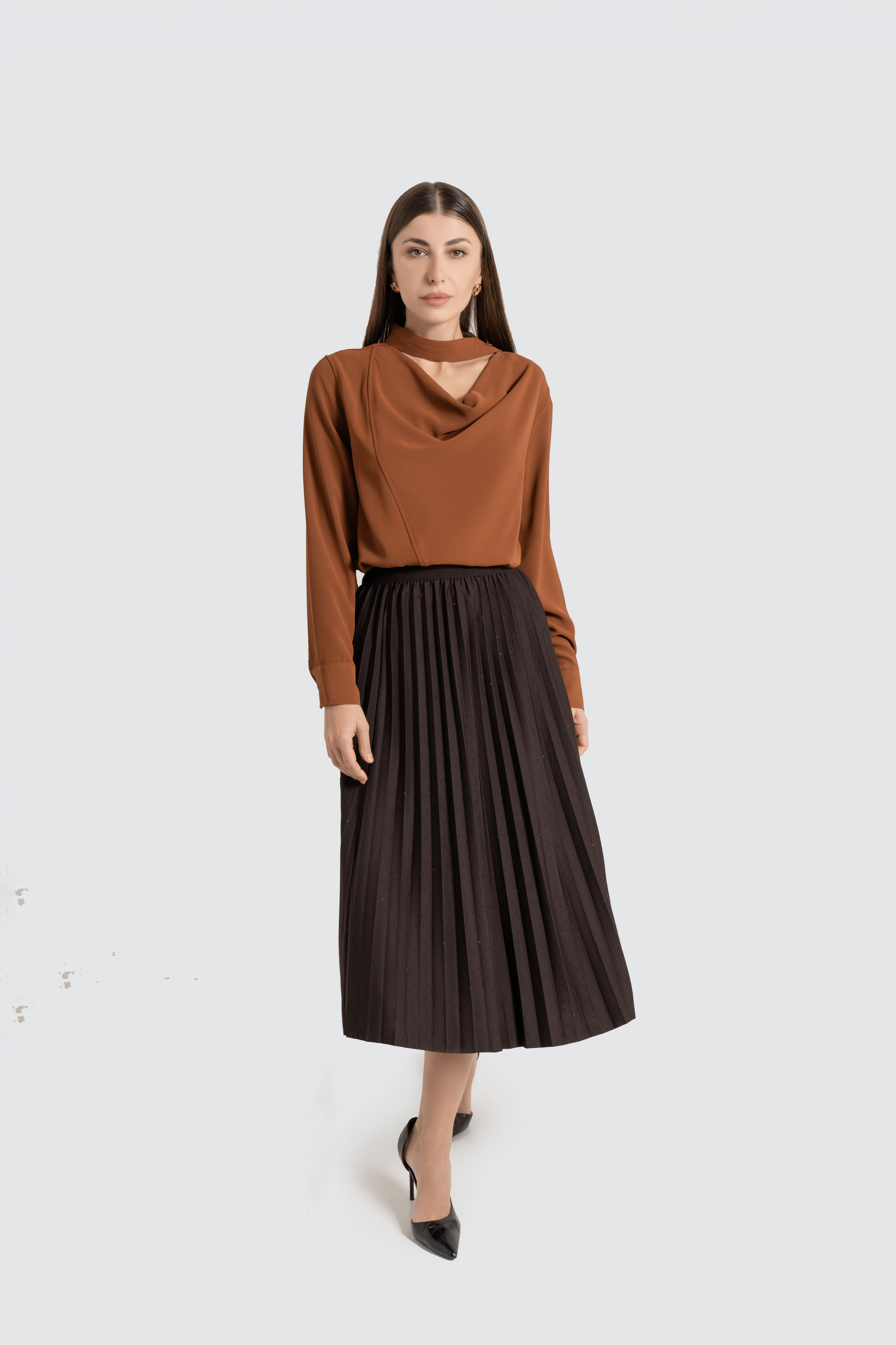 Fashion تنورة ميدي بليسية بترتر بخصر مطاطي